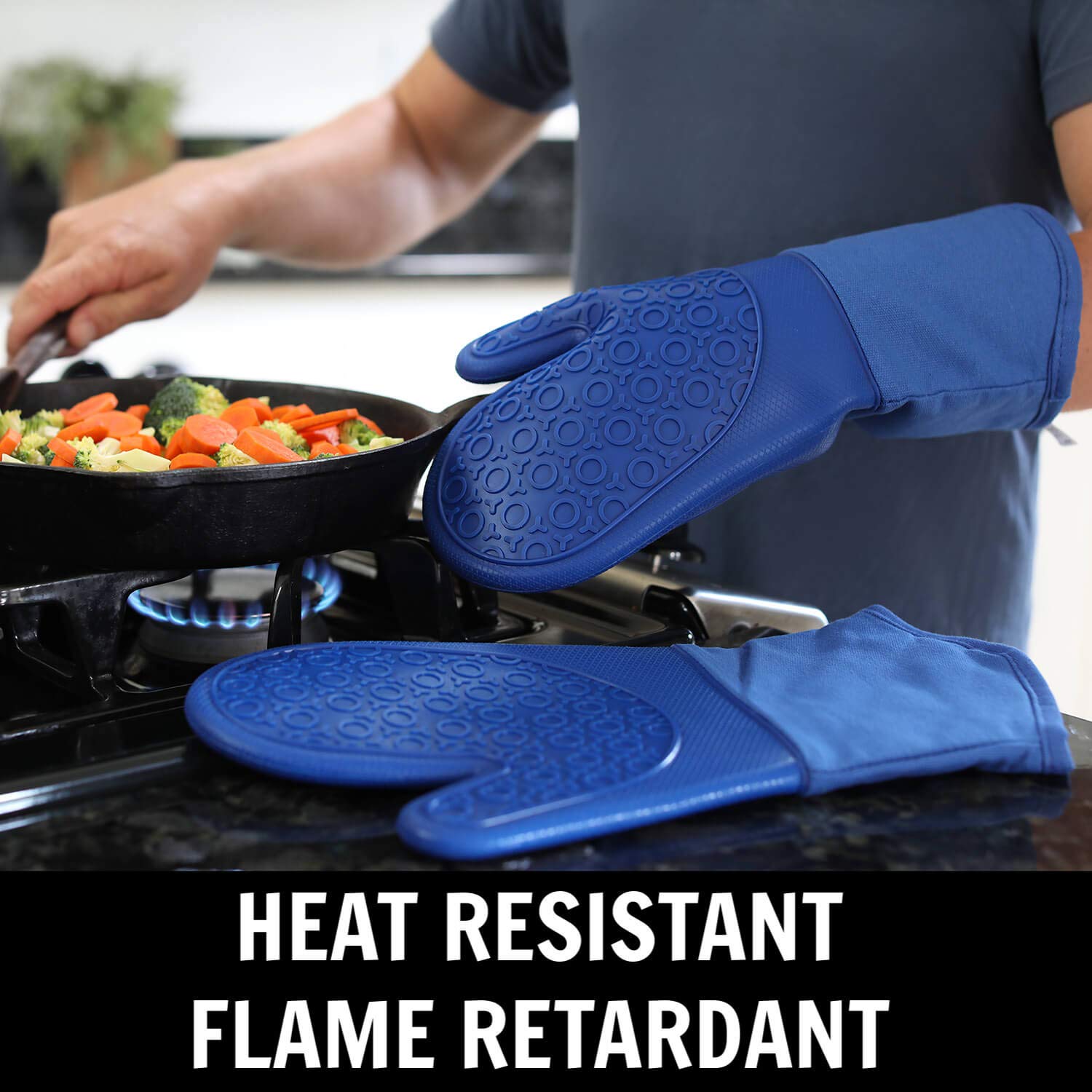 Silicone Oven Mitts And Pot Holders, 4-Piece Set, Heavy Duty Cooking Gloves, Kitchen Counter Safe Trivet Mats, Advanced Heat Res