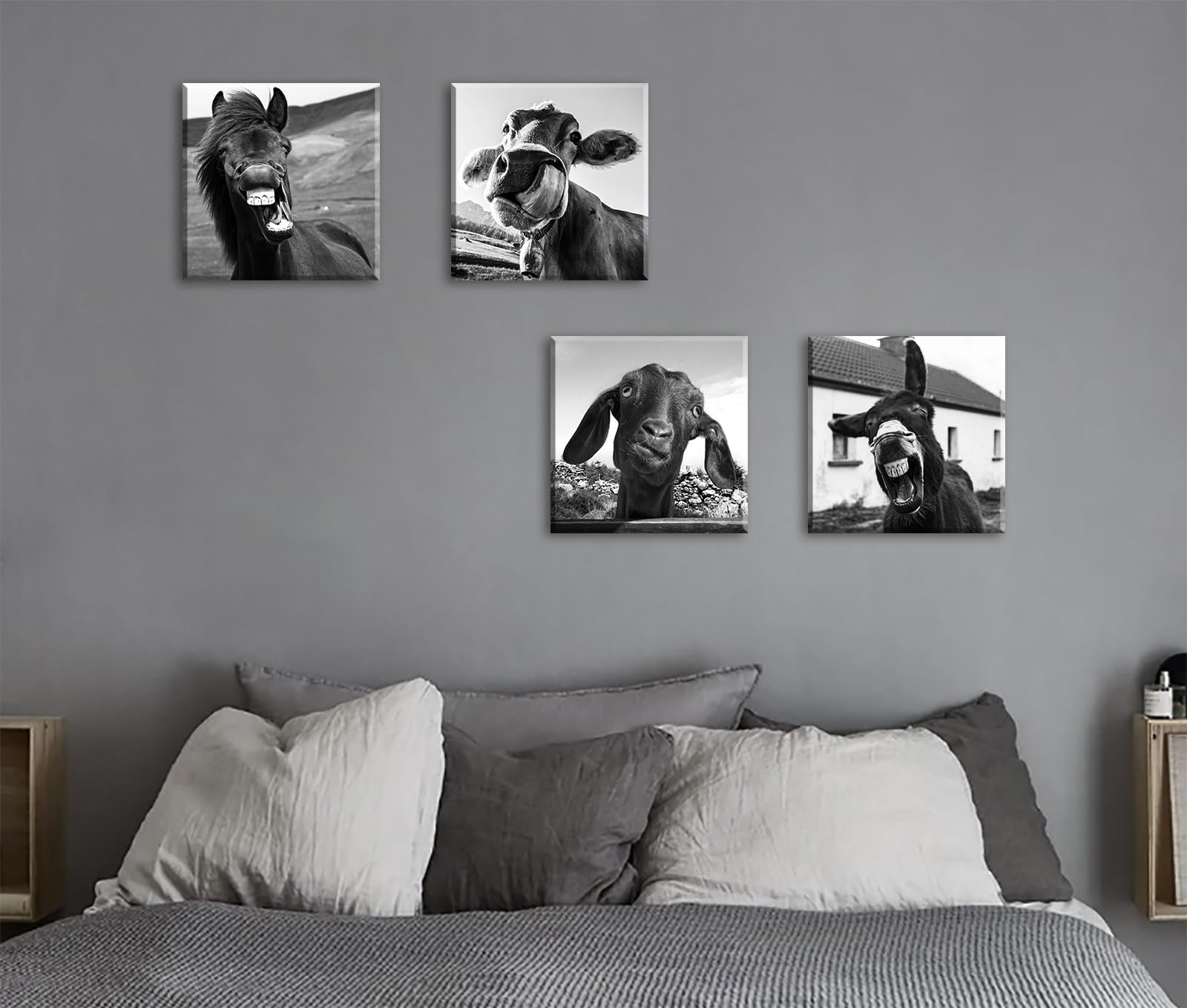Black And White Wall Art Animal Wall Decor Horse Donkey Sheep Cow Canvas Pictures Prints Funny Decor Posters For Mens Bedroom Of