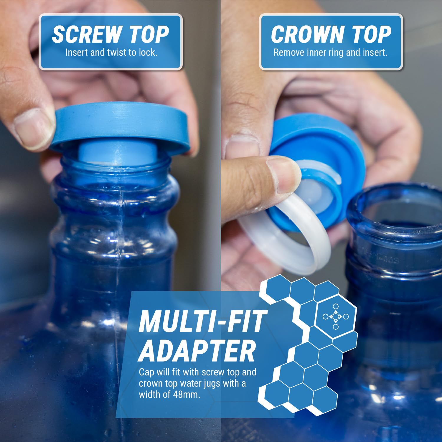 2Pk - Trrwc02 Reusable No-Splash Cap For 48Mm Screw Top/Snap On Crown Top (Needs To Remove Inside White Ring) 3 & 5 Gallon Bottl