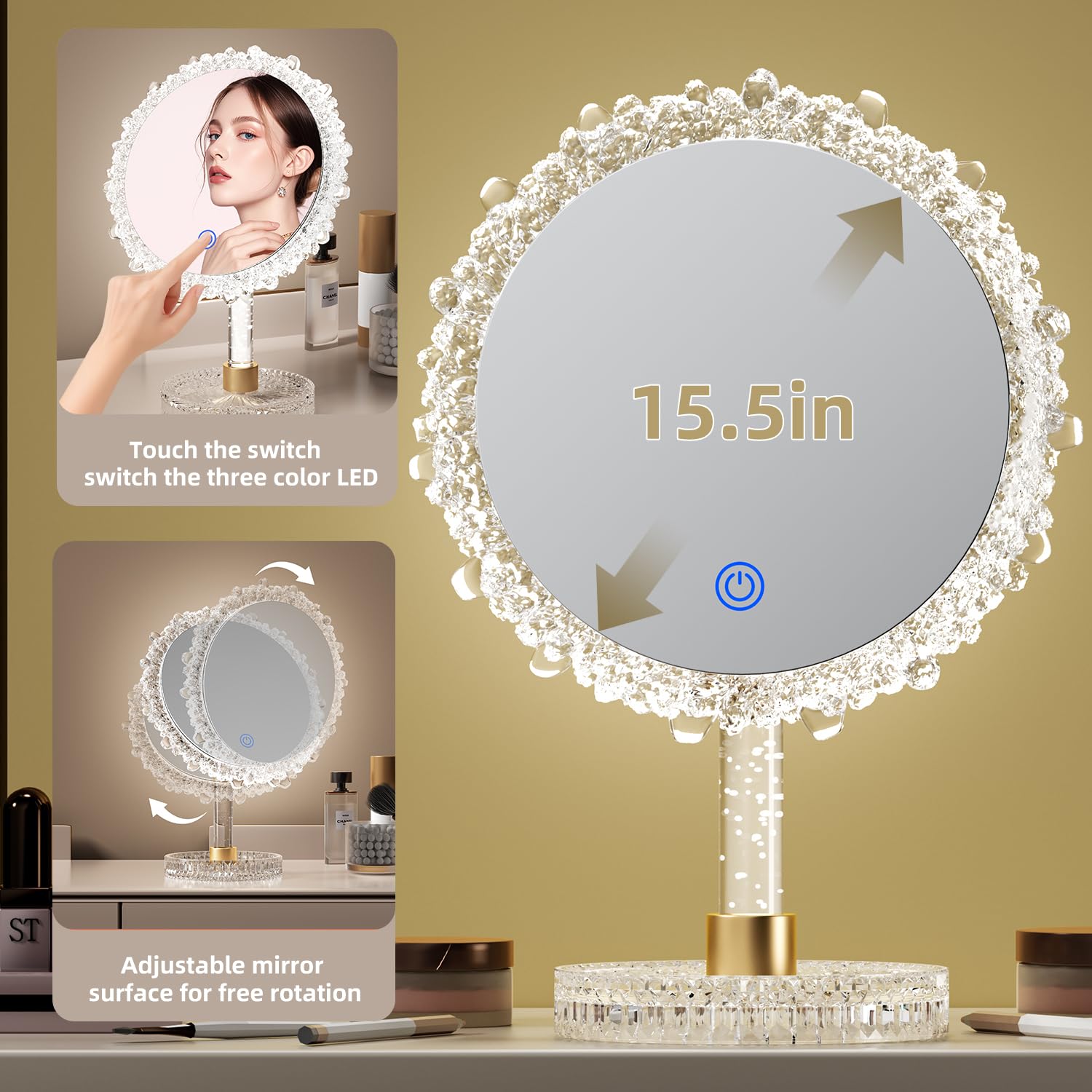 OPYNU Makeup Mirror with Lights,18x12Large LED Lighted Makeup Mirror with Crystal Frame,3-Color Lighting Mode,Intelligent Touch