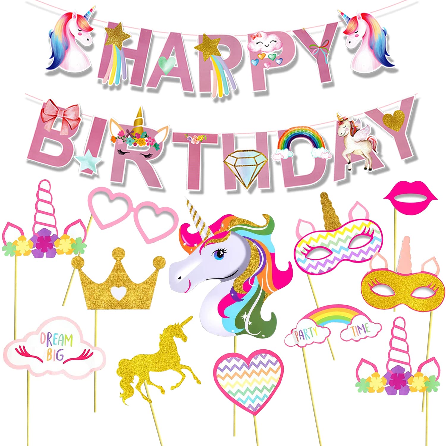 Rozi Decoration Happy Birthday Decorations Photobooth Props Combo Kit for Girls, Unicorn Theme Birthday Decorations Kit, Bday De
