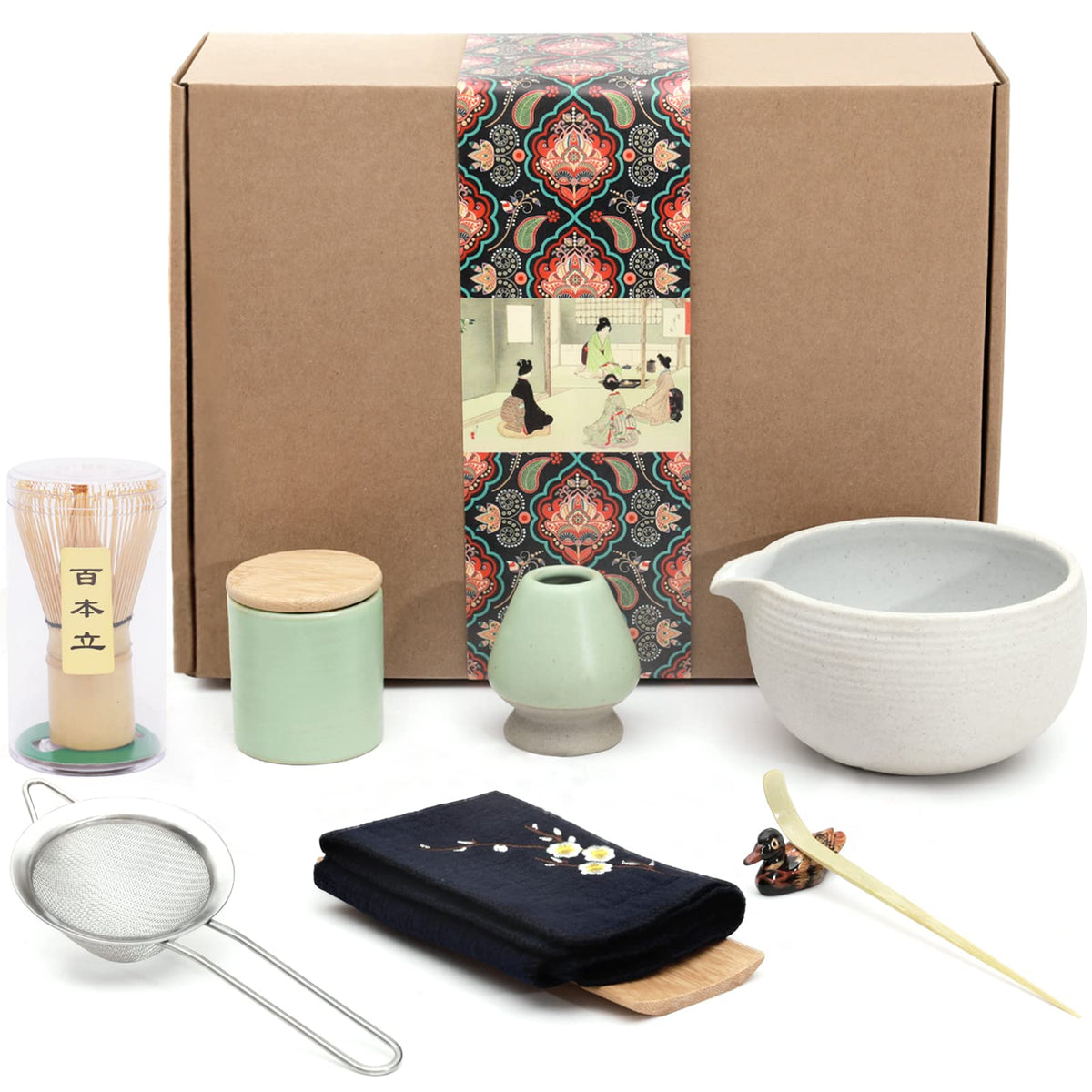 Artcome Japanese Matcha Tea Set, Bowl With Pouring Spout, Whisk, Tea Scoop, Ceramic Whisk Holder, Matcha Powder Caddy, Handmade