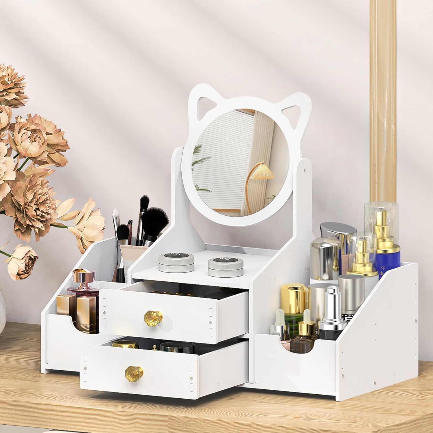 Funblast Makeup Desk Organizer With Mirror  Diy Cosmetic Storage Box For Vanity Countertop & Dressing Table, Nail Polish, Lipst