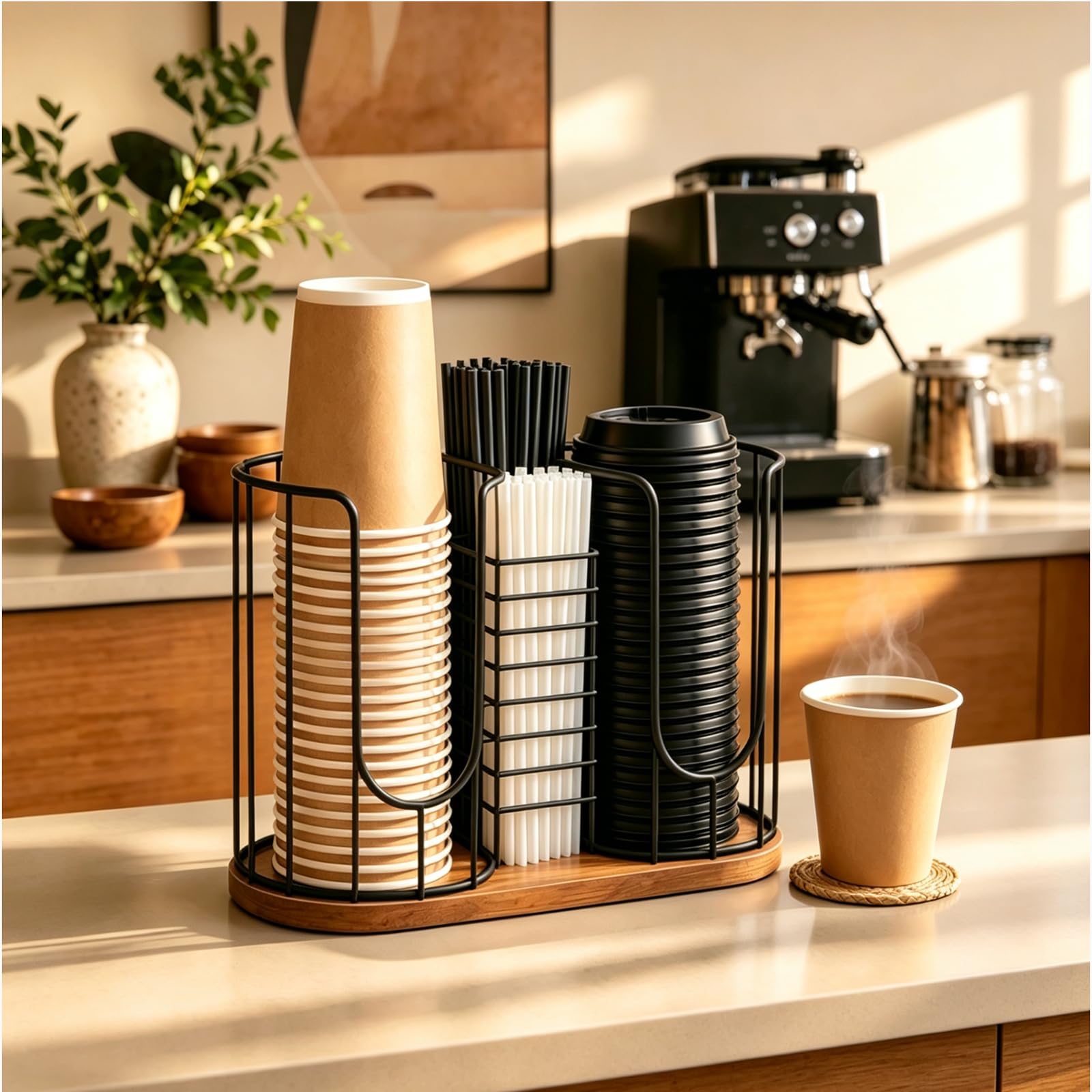 Plastic Cup Holder, Coffee Station, 3Compartment Lid and Straw Organizer