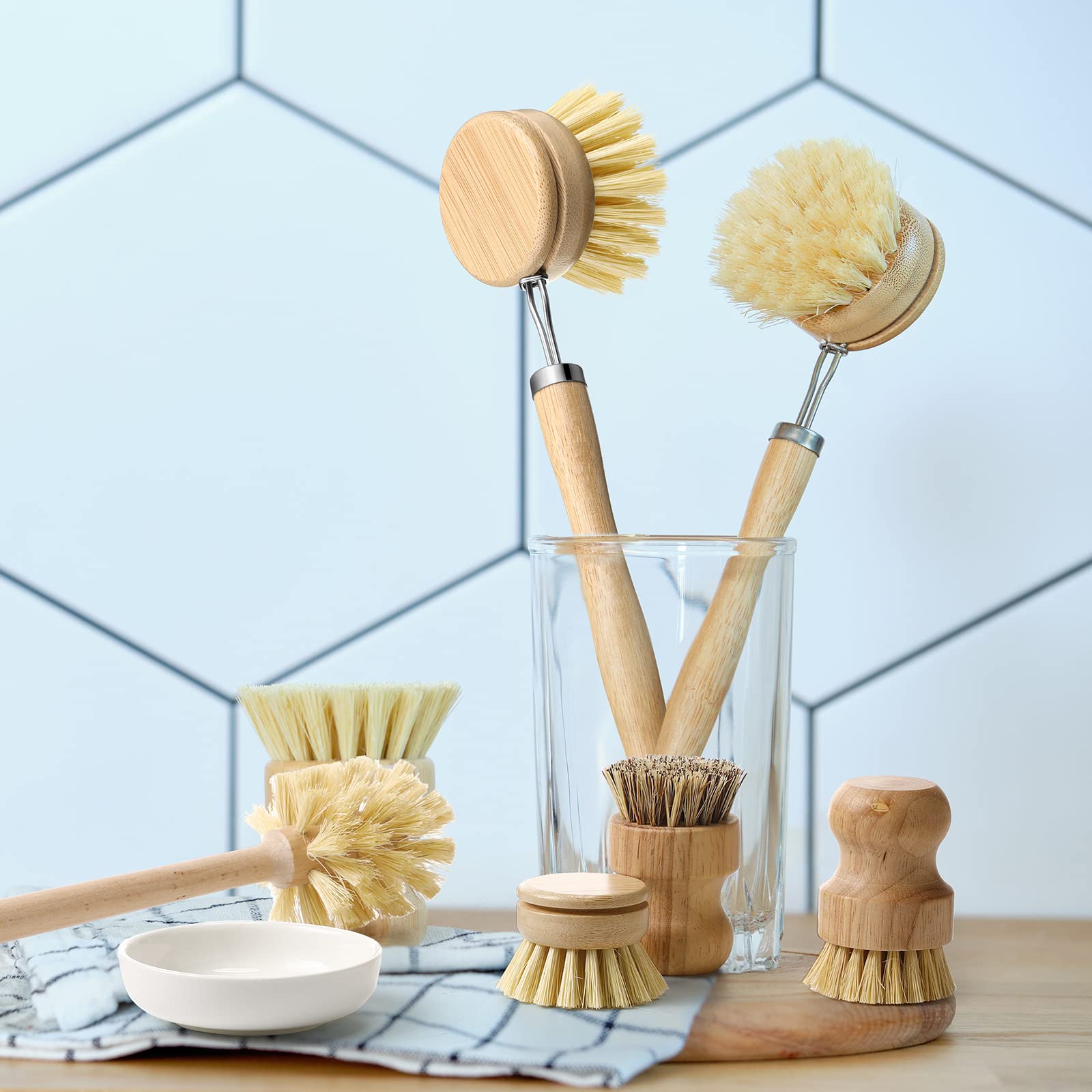 10 Pieces Wooden Dish Brush Set Bamboo Dish Brush Wood Bottle Brush With Replacement Heads For Dishes, Wide Mouth Bottles, Cups