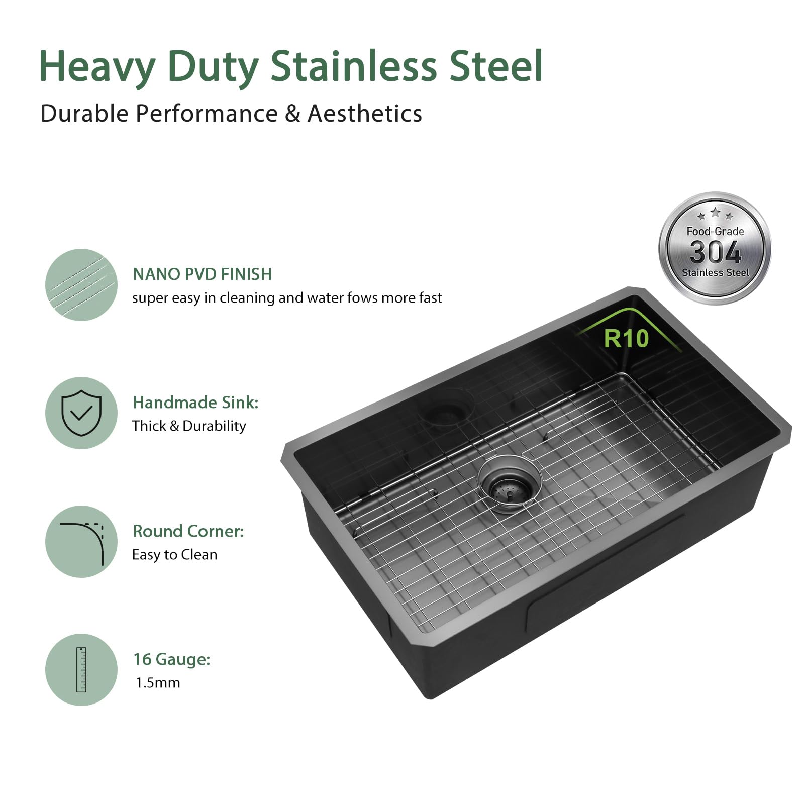 Couoko 33 Inch Black Kitchen Sink Undermount Gunmetal Black 16 Gauge Stainless Steel Single Bowl Large Deep Handmade Sinks Basin