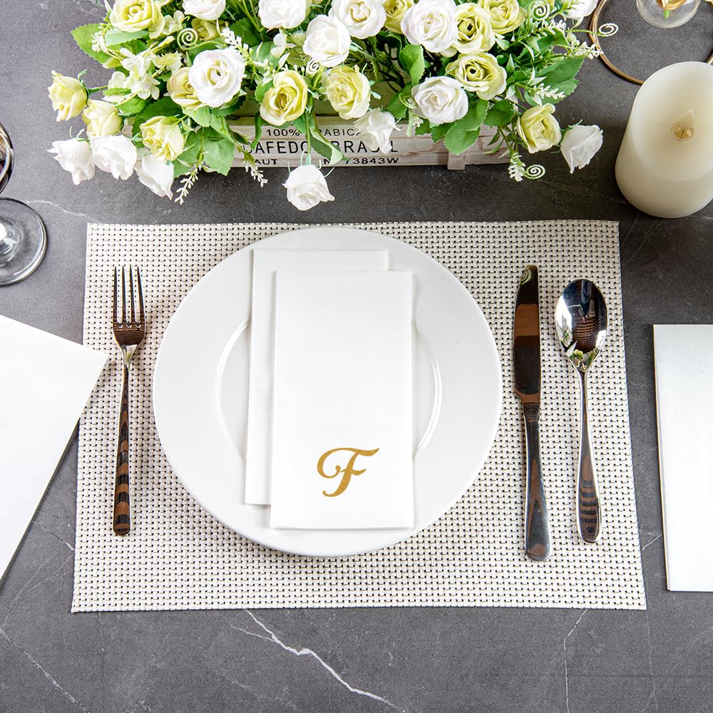Luxenap 15.8 X 7.9 Inch Linen-Feel Guest Towels, 50 Lettered Hand Towels - Gold Letter 'F', Cursive Font, White Paper Dinner Nap
