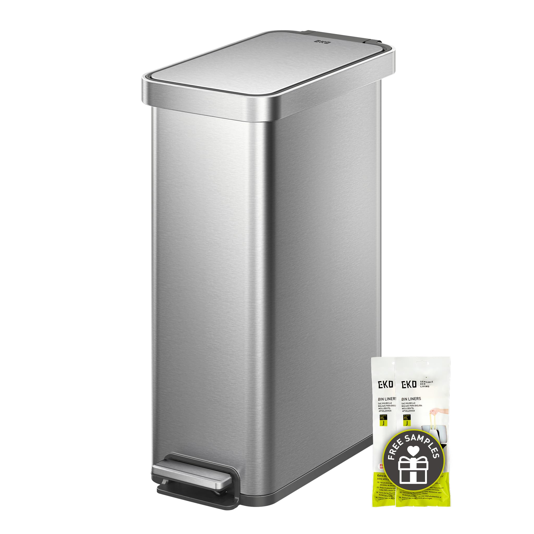 EKO Hudson Slim 50L / 13.2 Gallon Kitchen Trash Can with Lid, Stainless Steel Step Garbage Can for Kitchen or Home, Space-Saving