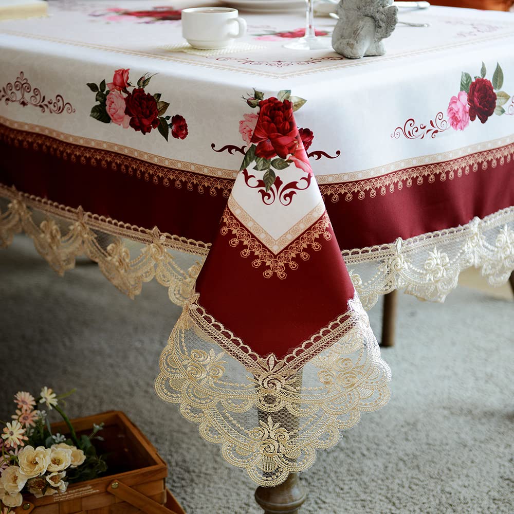 Sutavia Floral Lace Tablecloth Farmhouse Waterproof Fabric Table Cover Satin Resistant For Home Kitchen Dining Room Winter Holid