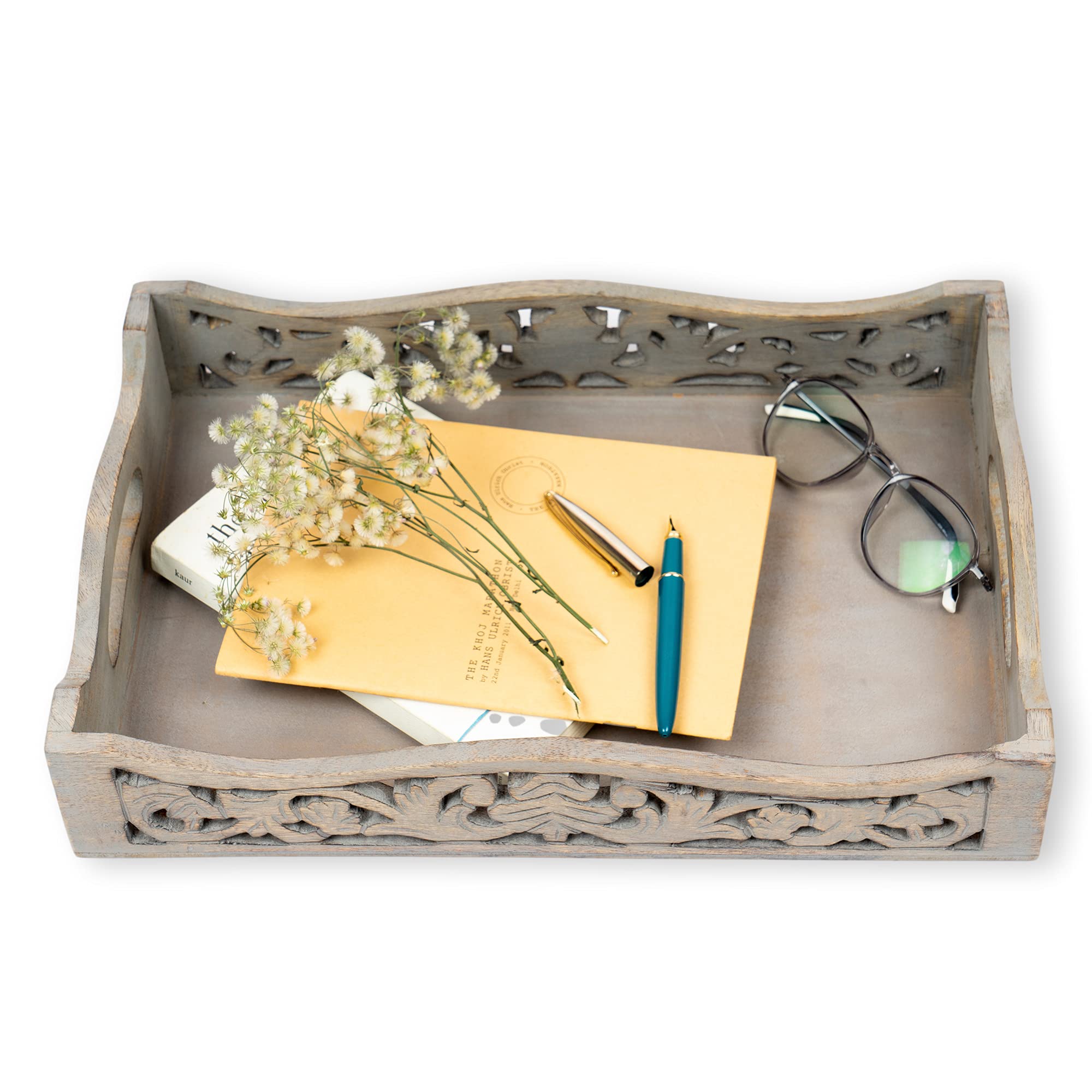 Gocraft Handmade Wooden Tray With Handles | Wood Ottoman Tray, Serving Tray For Breakfast In Bed, Tea, Coffee With Cutout Handle