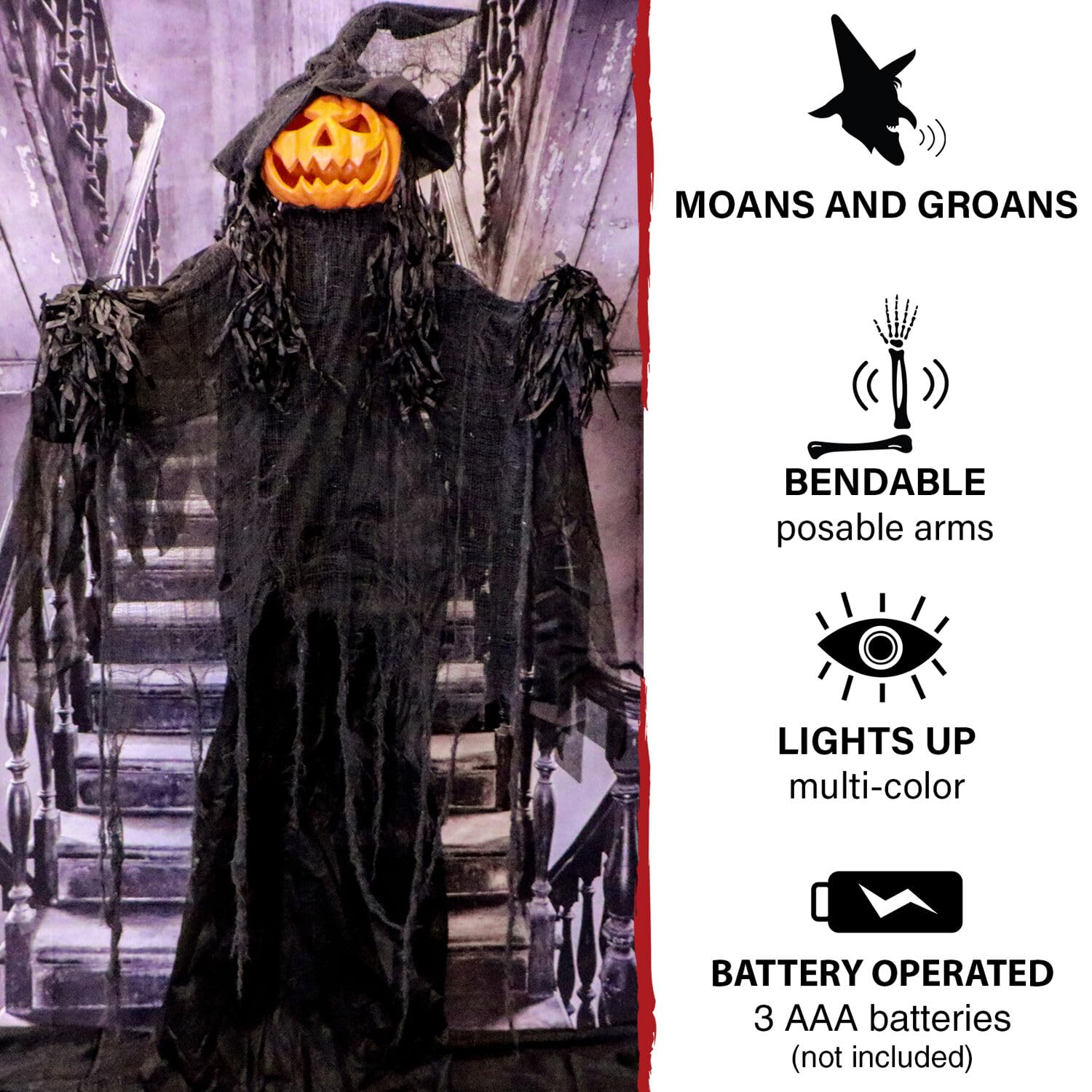 Haunted Hill Farm Life-Size Scary Poseable Pumpkin Witch, Halloween Prop with Touch Activated Lights and Sound, Battery Operated