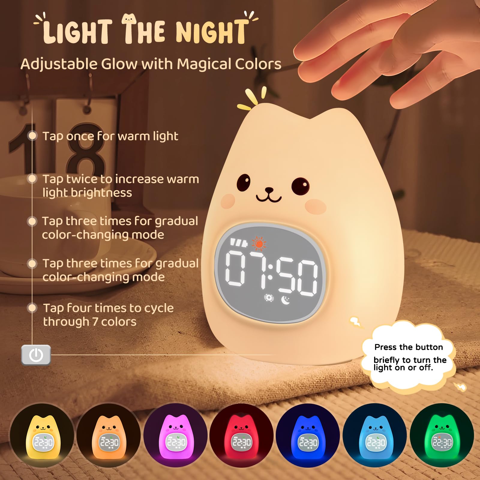 Aokpsrt Cat Alarm Clock with Night Light for Kids with Sleep Training and Sound Machine, Rechargeable Silicone Lamp OK to Wake C