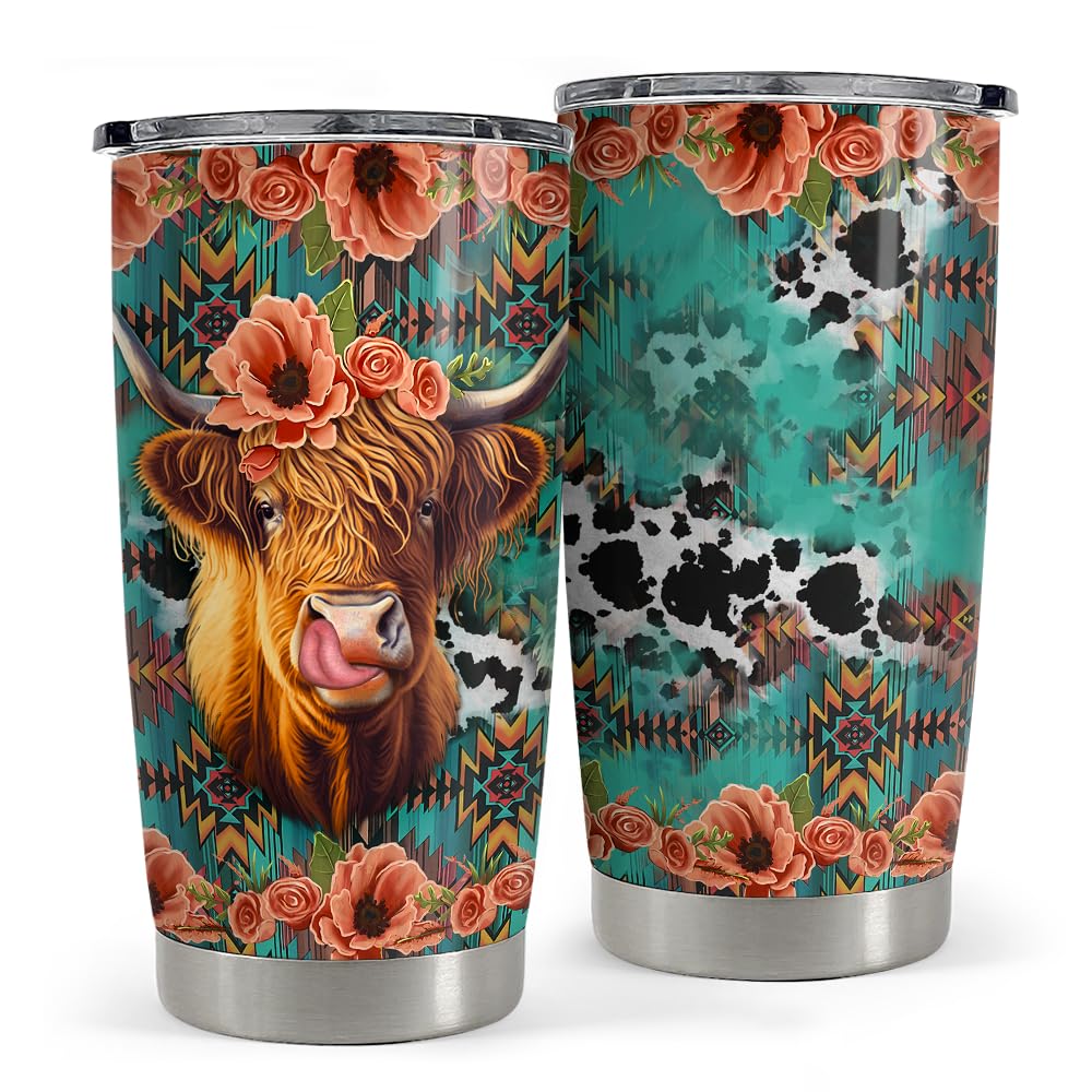 Highland Cow Tumbler 20oz Stainless Steel Insulated Coffee Travel Mug Cup for Women Girls Cows Lovers Cow Gifts for Birthday Chr
