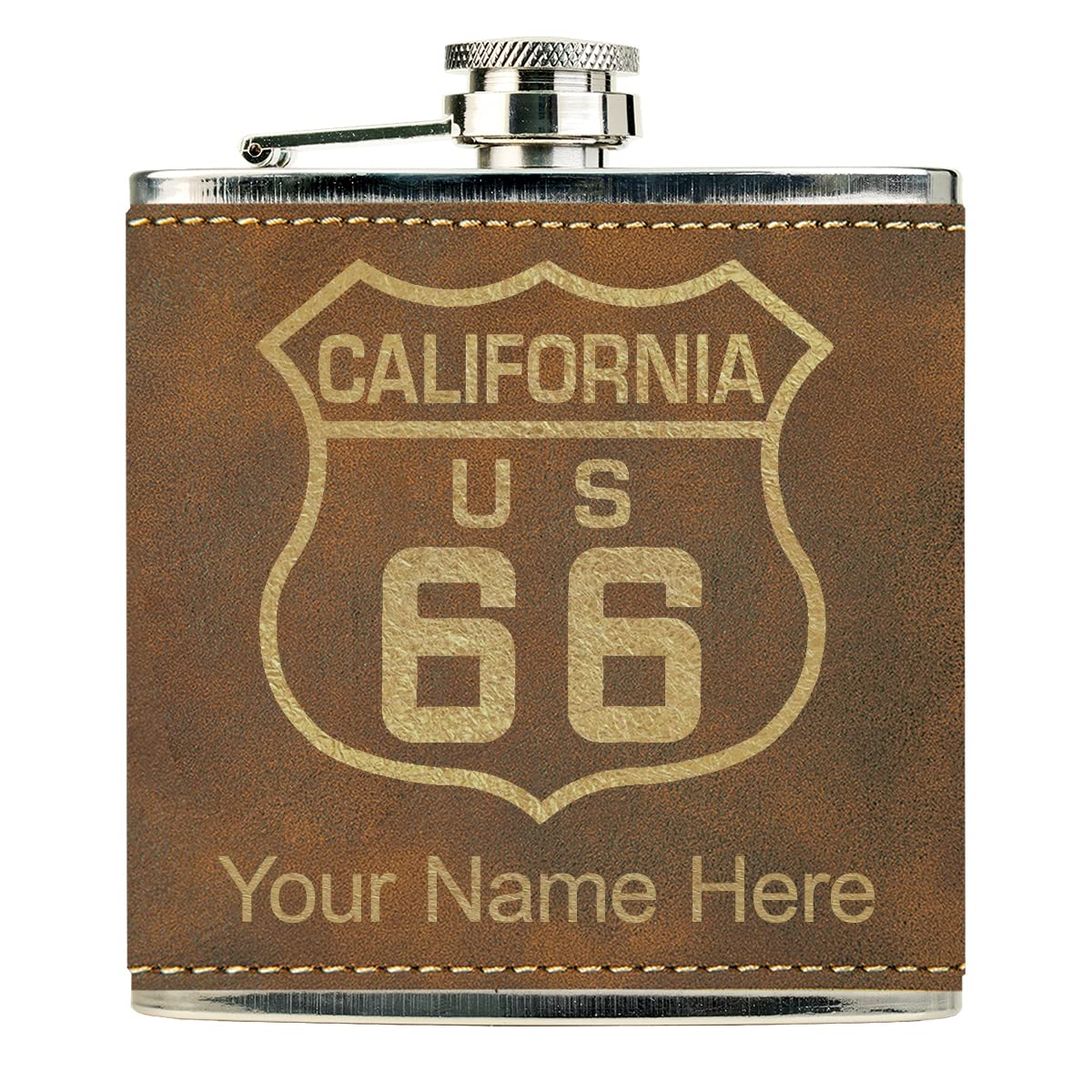 Faux Leather Flask, Route 66 California, Personalized Engraving Included (Rustic)