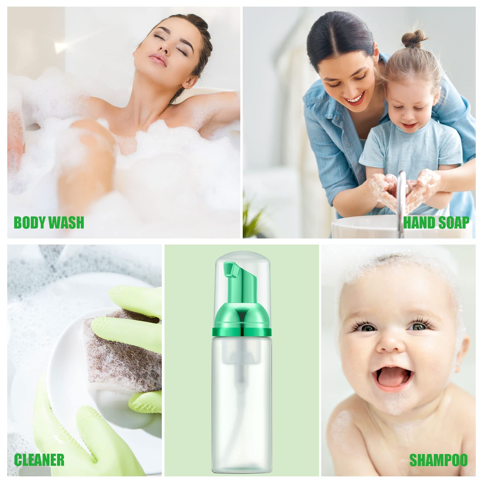 Lil Ray 2 Oz Empty Frosted Green Foam Pump Bottle, Travel Foamer Soap Dispenser For Lash Shampoo, Hand Soap, Foaming Cleaner(Gre