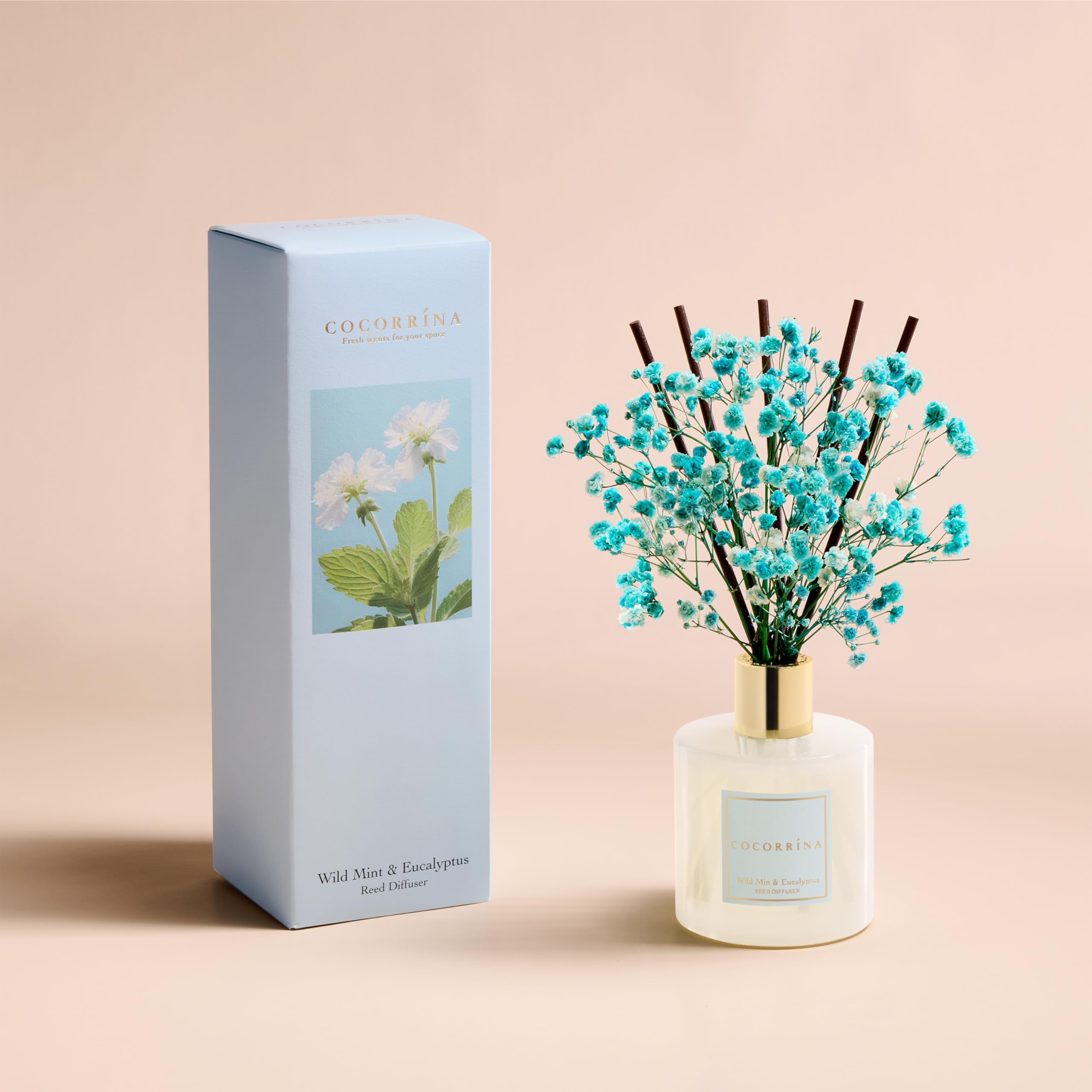 COCORR  NA Reed Diffuser - Wild Mint & Eucalyptus 6.7 Fl.oz Reed Diffuser Set with Sticks & Preserved Babys Breath, Reed Diffus