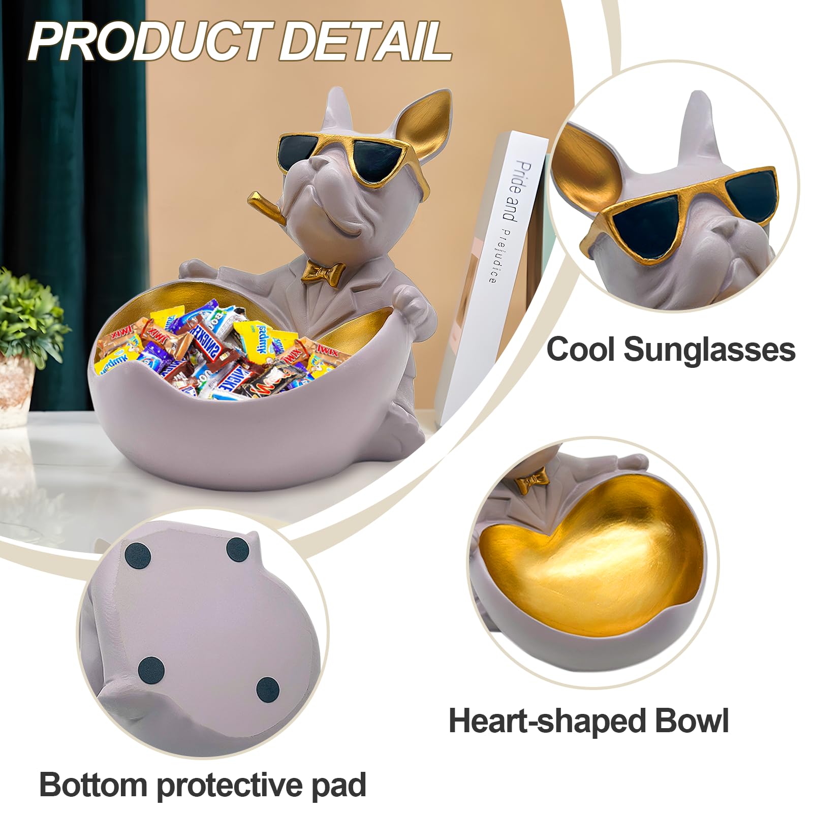 Huhote Bulldog Candy Bowl Decor, Heart-shaped Key Holder Bowl Candy Dish, Bulldog Accessories, Resin Bulldog Statue for Office D