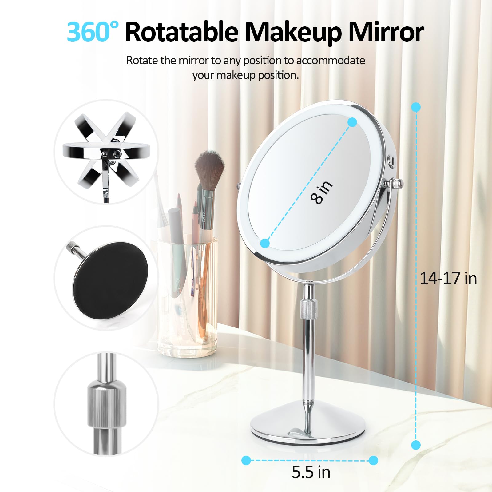Seaemiko 8'' Makeup Mirror With Lights, Rechargeable 1X/10X Led Lighted Magnifying Mirror With 3 Colors, 360 Rotation Rechargeab