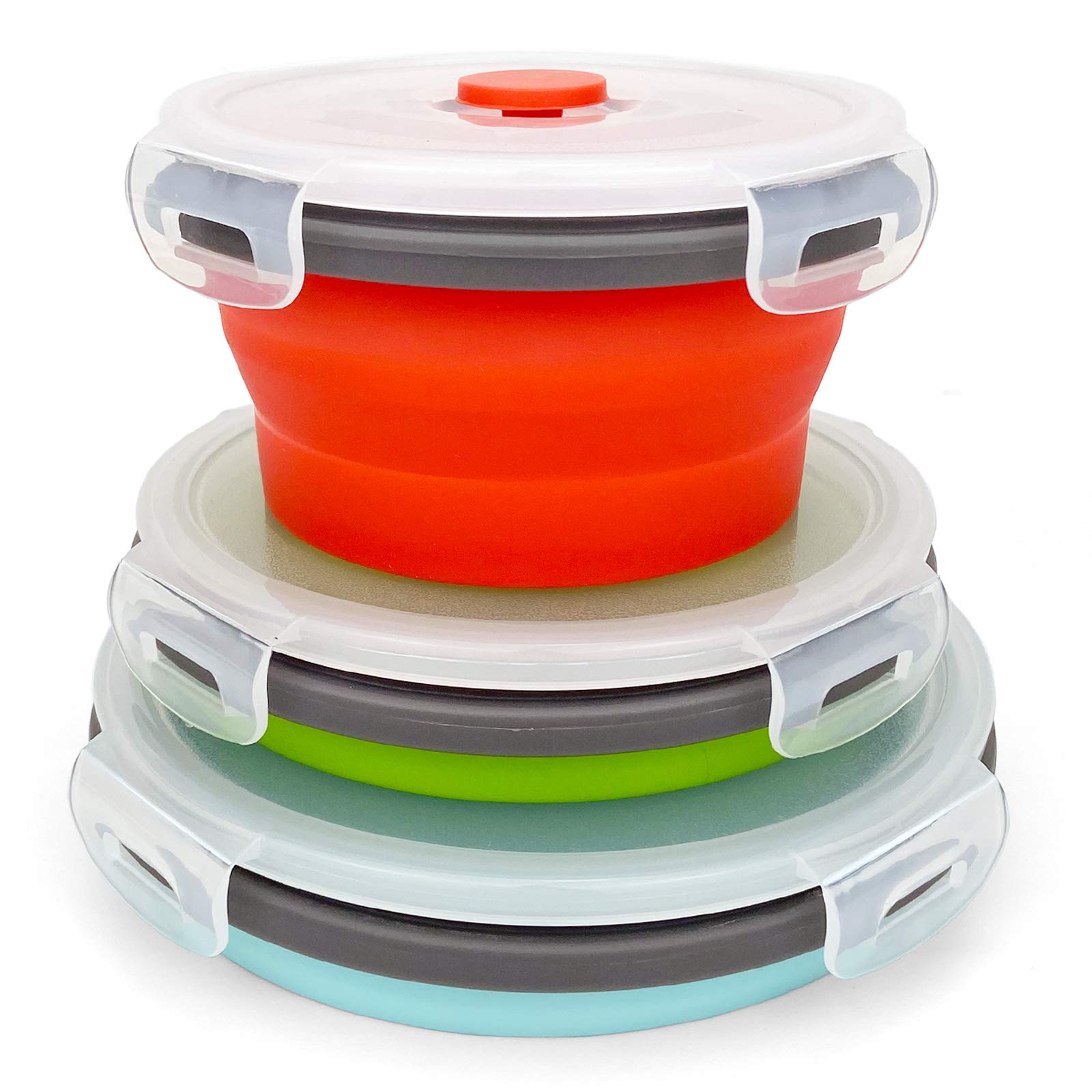 Cartints Round Collapsible Bowls With Lids, Reusable Silicone Food Storage Containers, 3Pack 500-800-1200Ml, Stackable Space Sav