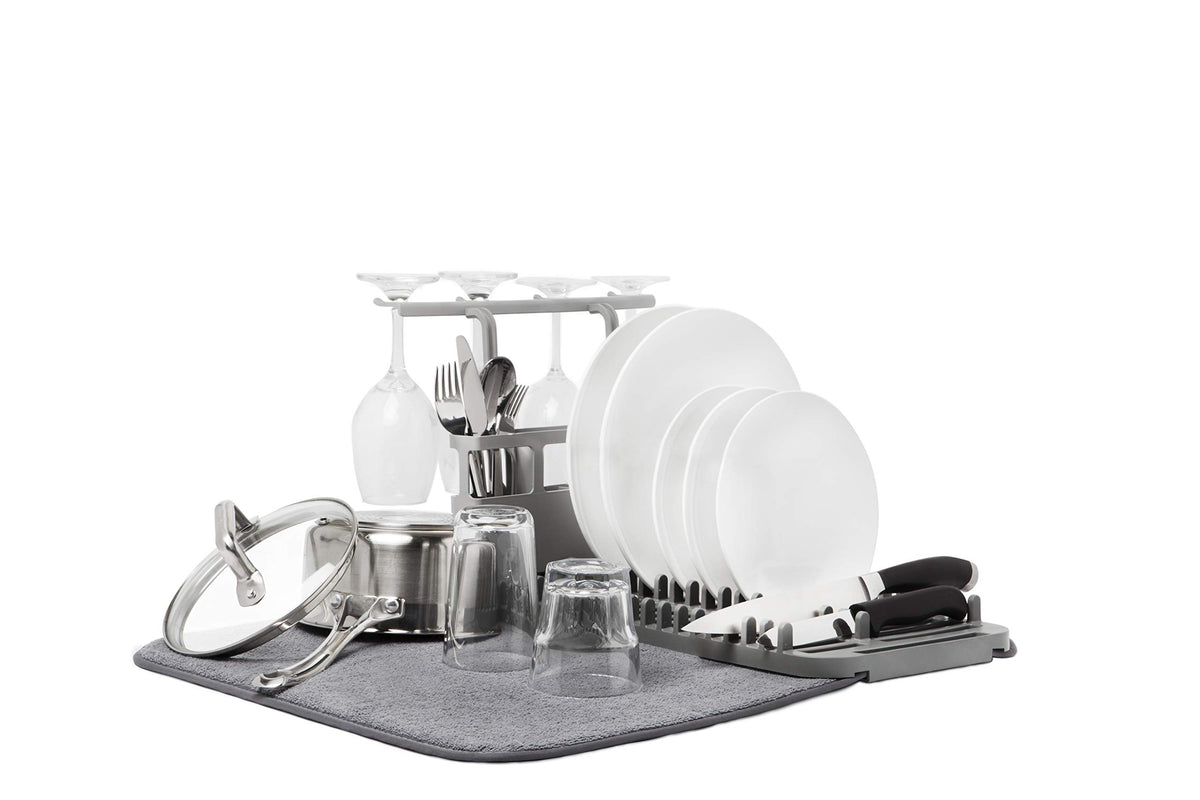 Umbra Udry Drying Rack And Microfiber Dish Mat With Stemware Holder And Utensil Caddy-Space-Saving Lightweight Design Folds Up F
