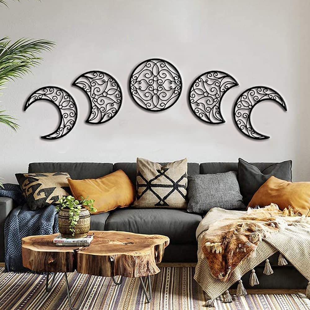 Moon Wall Decoration, Moon Phase Wall Art Decoration Hanging (5 Pieces) Nordic Wood Moon Appearance Natural Design Moon Interior