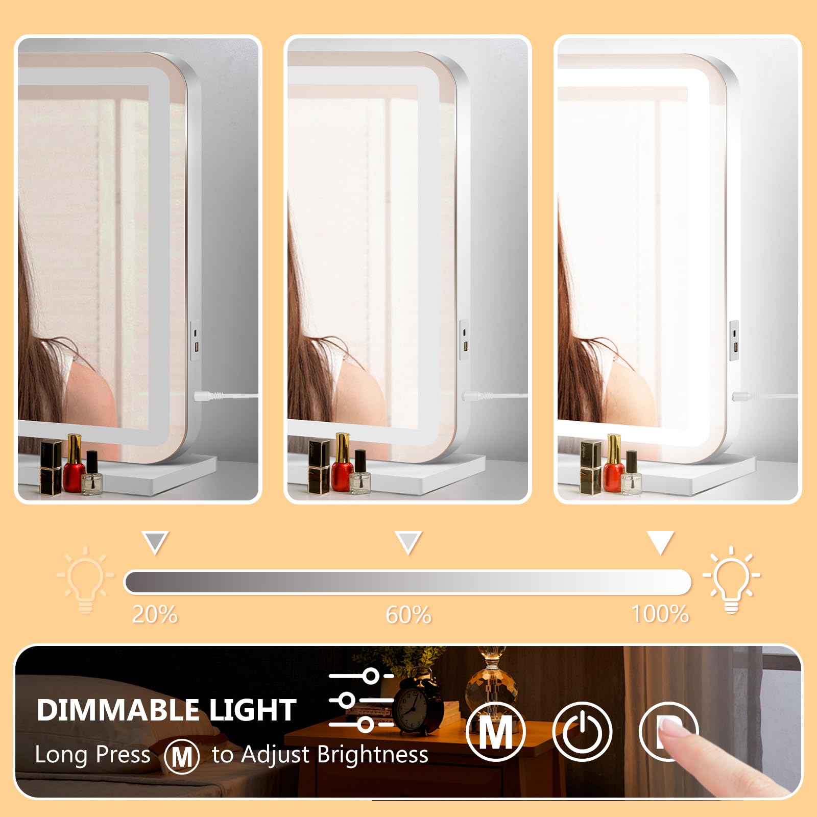 Ratsamee Vanity Mirror With Lights, Led Makeup Mirror,Smart Touch 3 Color Lights, Aluminum Metal Frame,Usb Charging Port(23'' X