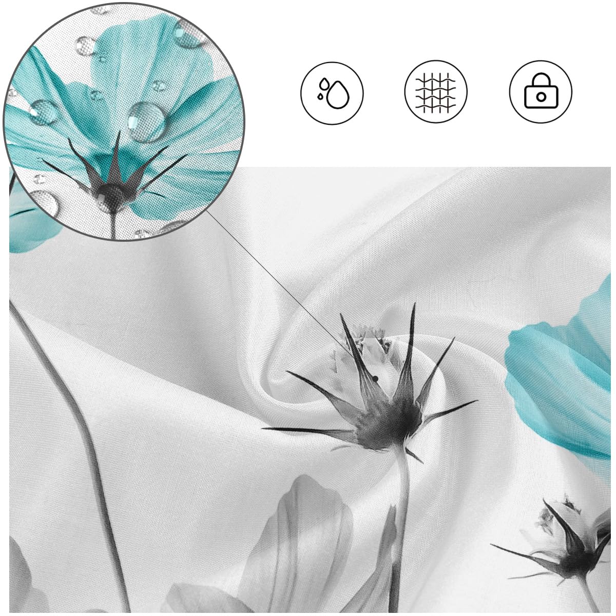 Kikiry Teal And Gray Floral Shower Curtain 54''W X 78''L Daisy Flower Elegant Wildflower Design Polyester Fabric Waterproof 9 Pa
