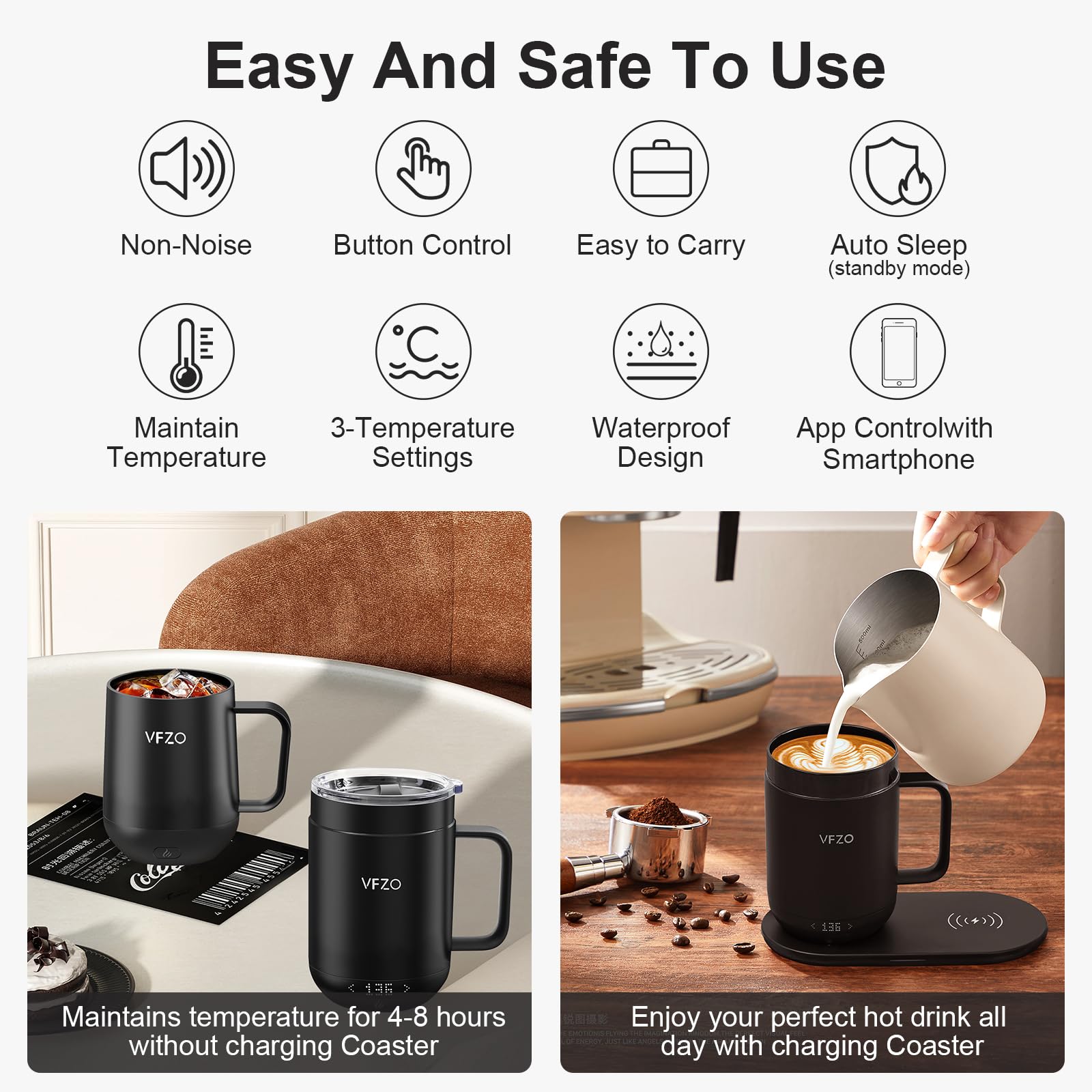 VFZO Smart Mug 16Oz Self-Heating Coffee Mug with LED Display, Black, Stainless Steel, Model M2, 180 Min Battery Life