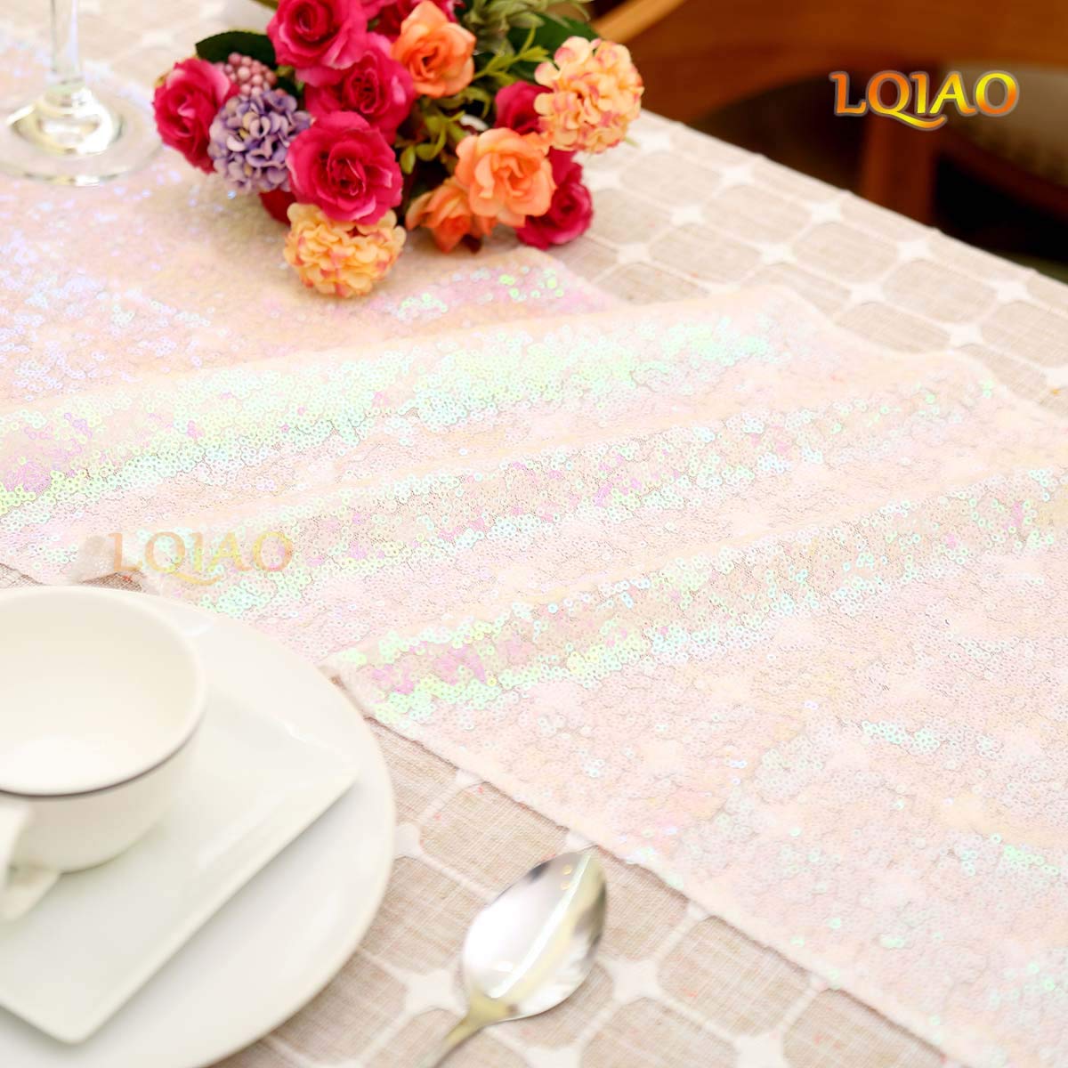Lqiao 108 Inches Sequin Table Runner Linens Long With Iridescent White Sparkly Sequin Christmas Kitchen Dining Table Wedding Bri