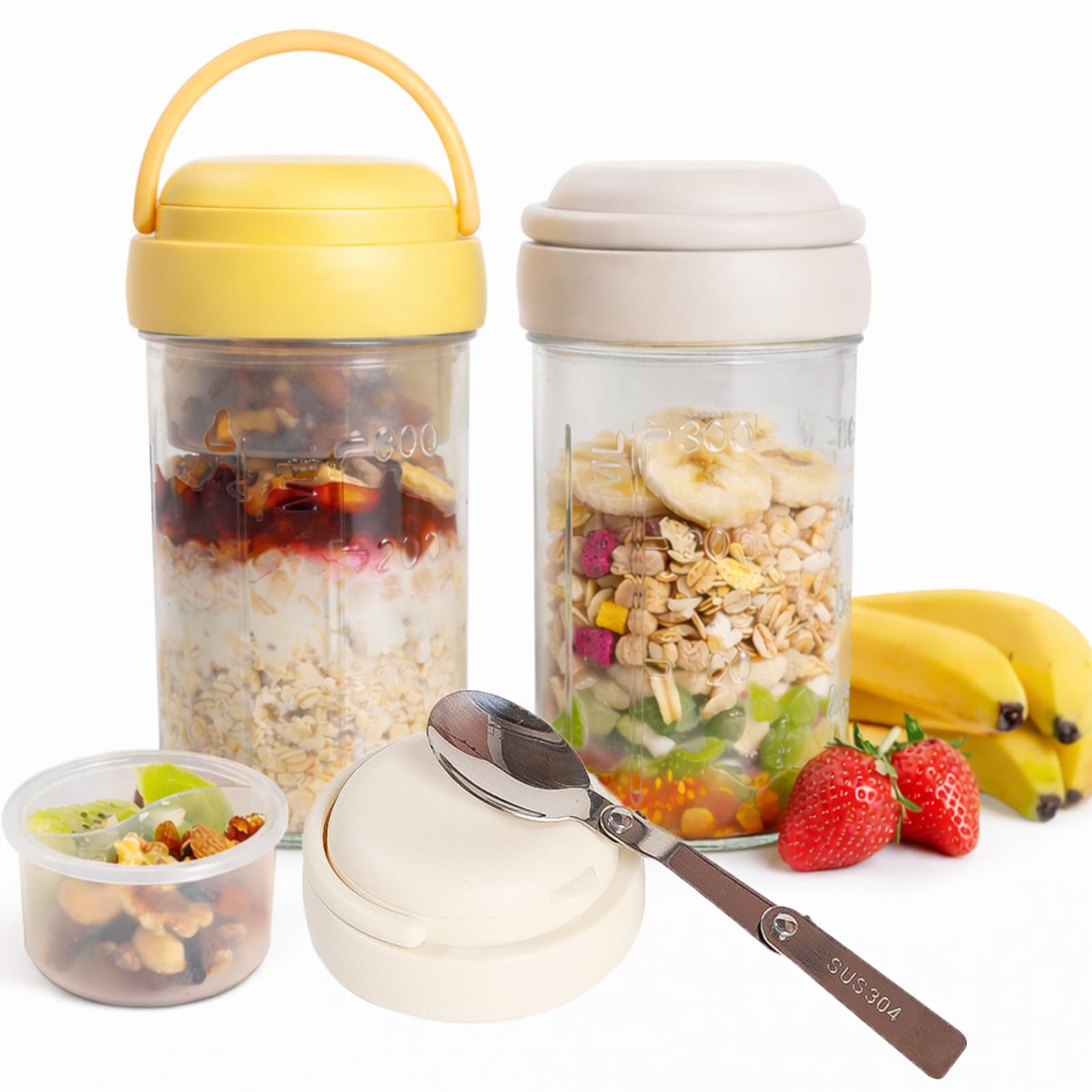 WifePro Overnight Oats Jars with Lids and Spoons, 16 oz Glass Breakfast Containers with Handles & Topping Cups, Yogurt Parfait C