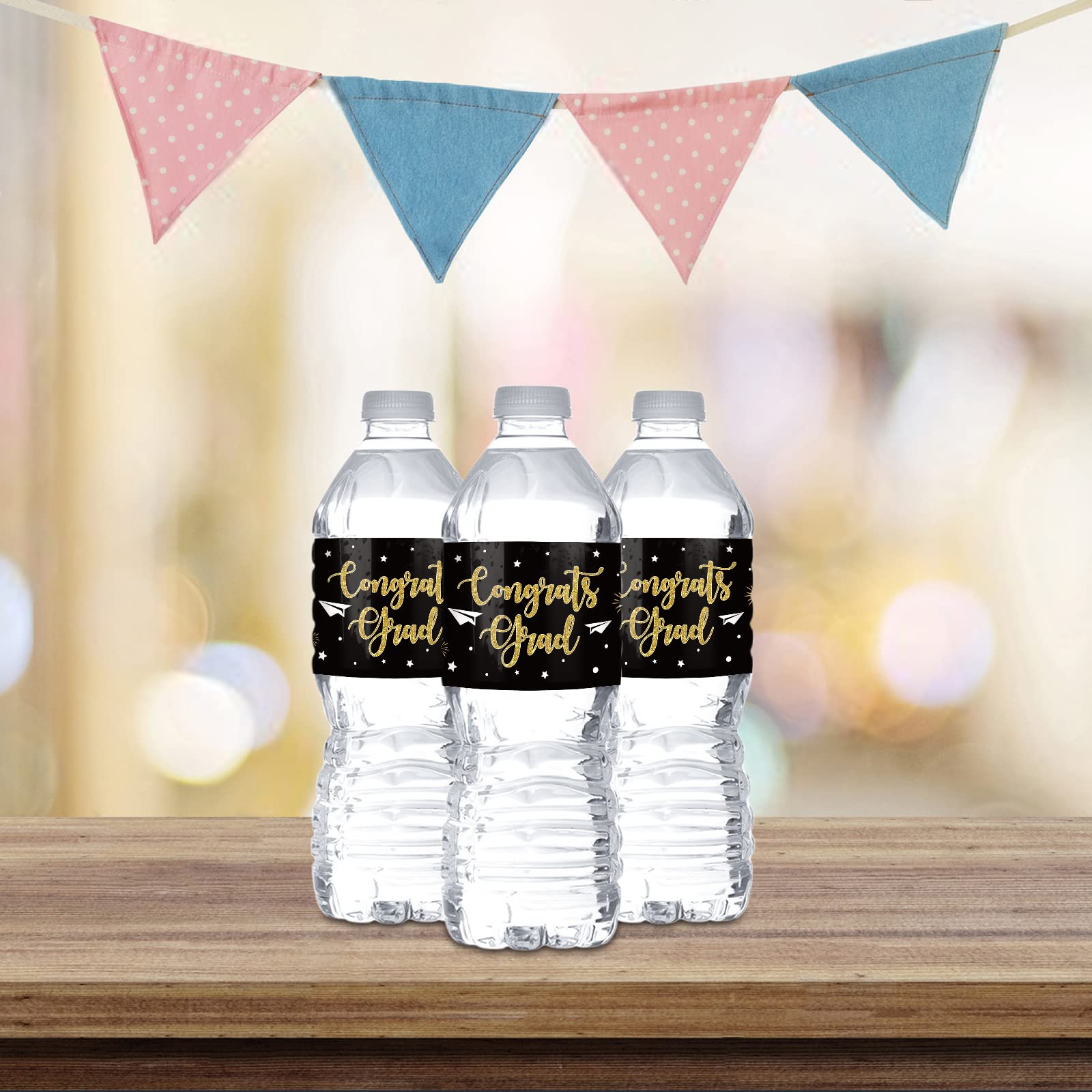 Monmon & Craft Black Grad Water Bottle Labels (Set Of 32) - Graduation Party Supplies