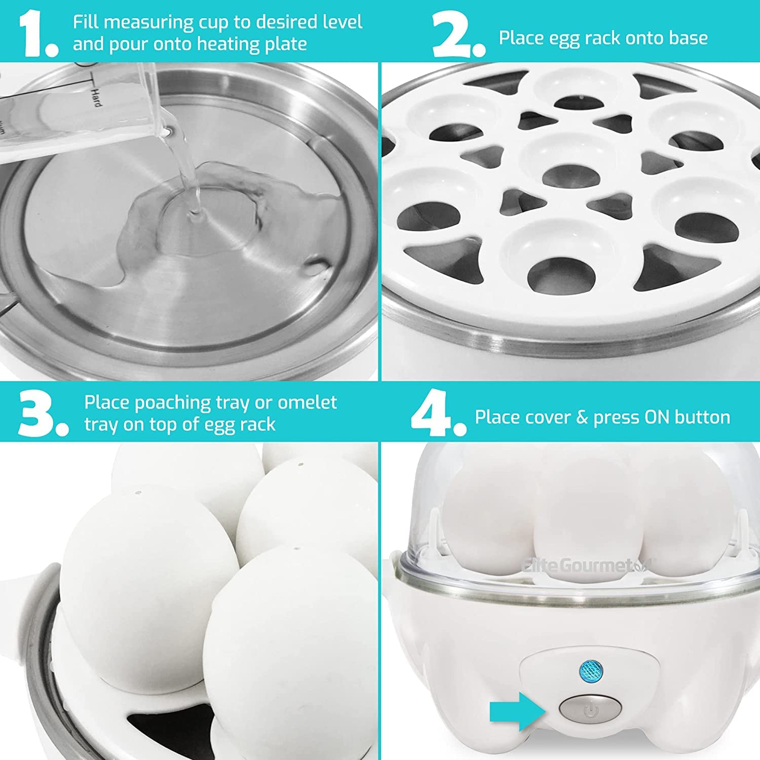 Elite Gourmet Egc-007## Rapid Egg Cooker, 7 Easy-To-Peel, Hard, Medium, Soft Boiled Eggs, Poacher, Omelet Maker, Auto Shut-Off,