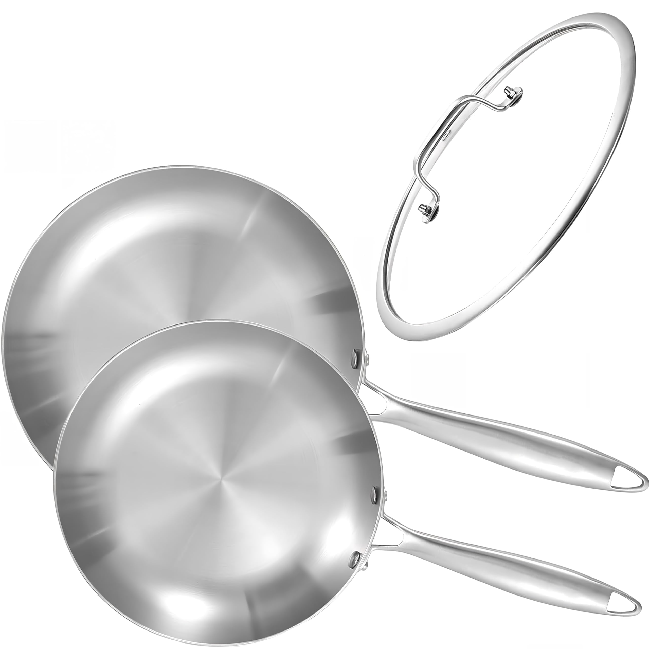 LOLYKITCH 8.5-10 Inch Tri-ply Stainless Steel Frying Pans Set with Lid,Skillets,Induction Chefs Cooking Pan,Pots and Pans Set,D