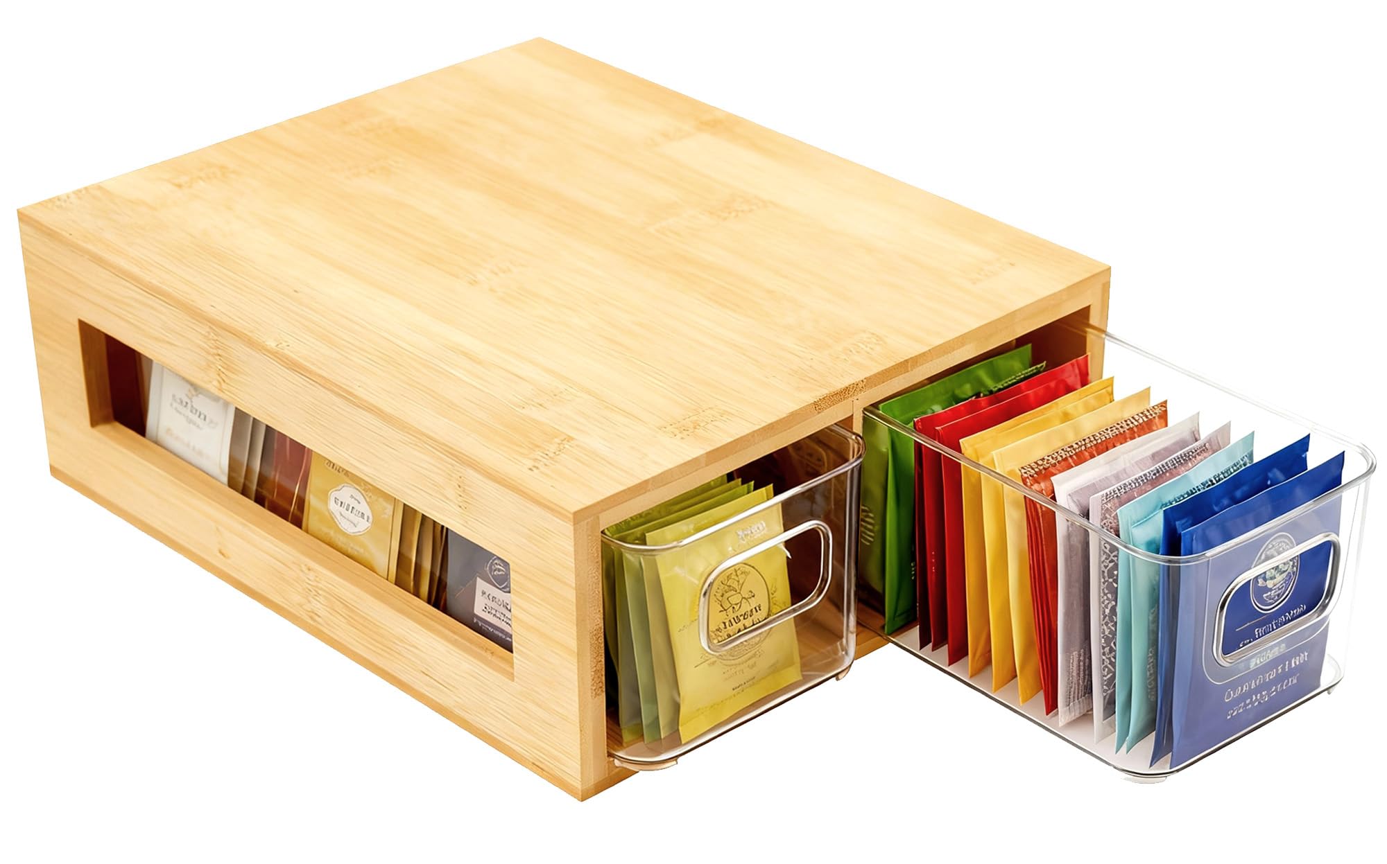 Tea Bag Organizer, Bamboo and Acrylic Drawer Tea Bag Holder Wood Teas Bags Storage for Drawers with 2 Roomy Compartments for Kit