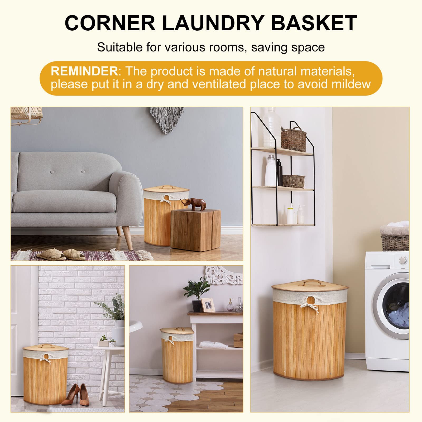 Corner Bamboo Laundry Hamper With Lid And Removable Liner Bamboo Laundry Basket With Handle Corner Hamper Bamboo Hamper Washing