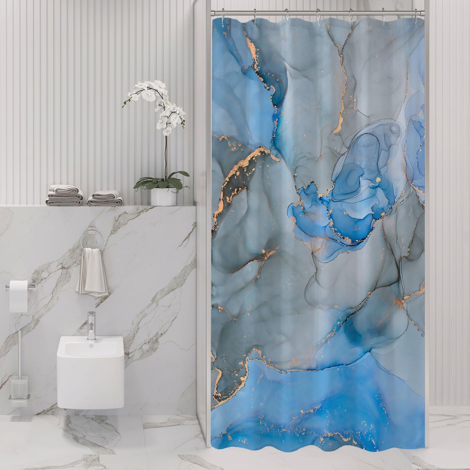 Gibelle Small Stall Shower Curtain 36 X 72, Narrow Half Abstract Blue Grey Marble Shower Curtain, Modern Ink Art Waterproof Fabr