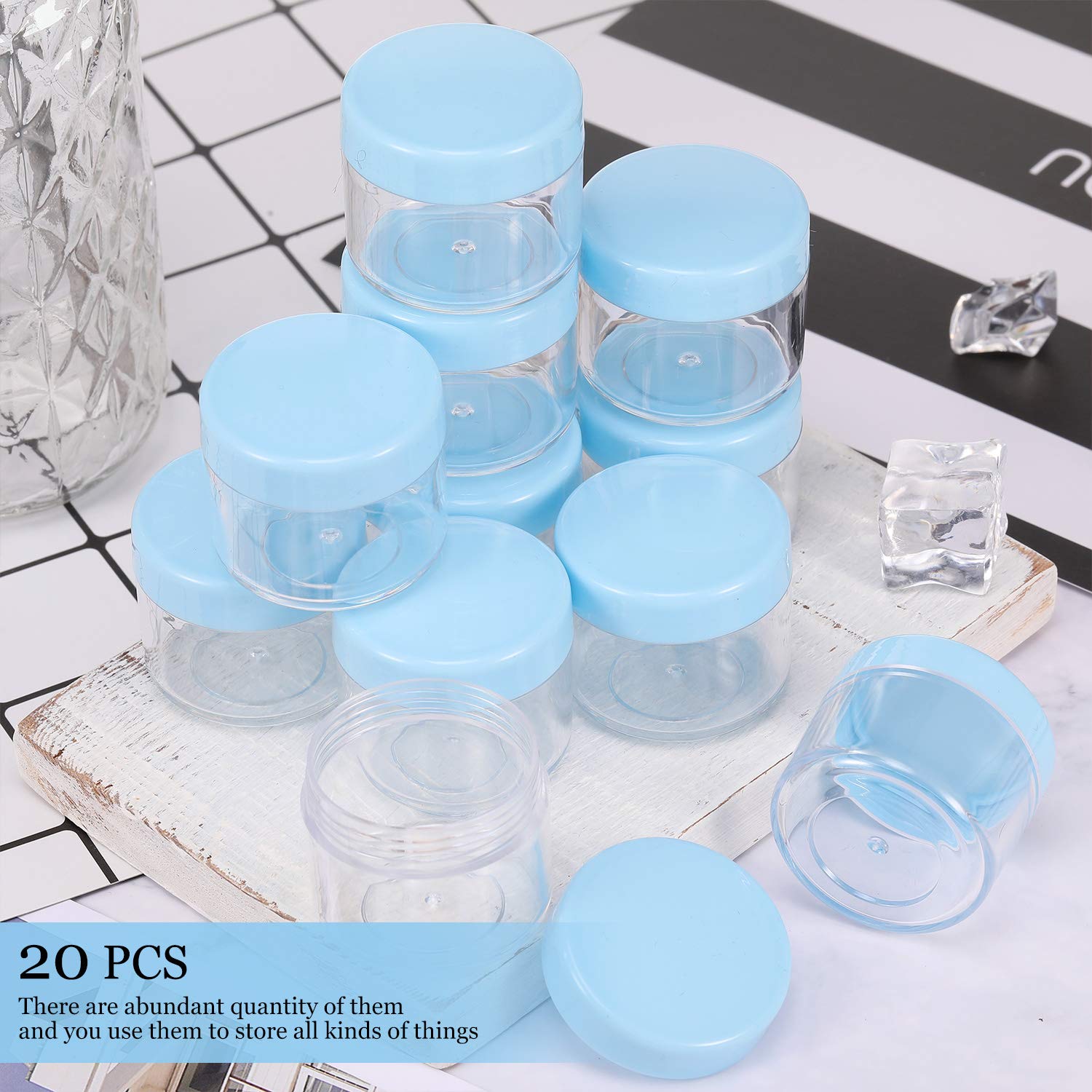 20 Pieces Round Pot Jars Plastic Cosmetic Containers Set With Lid For Liquid Creams Sample, 20 Ml/ 0.7 Oz (Blue Lid)