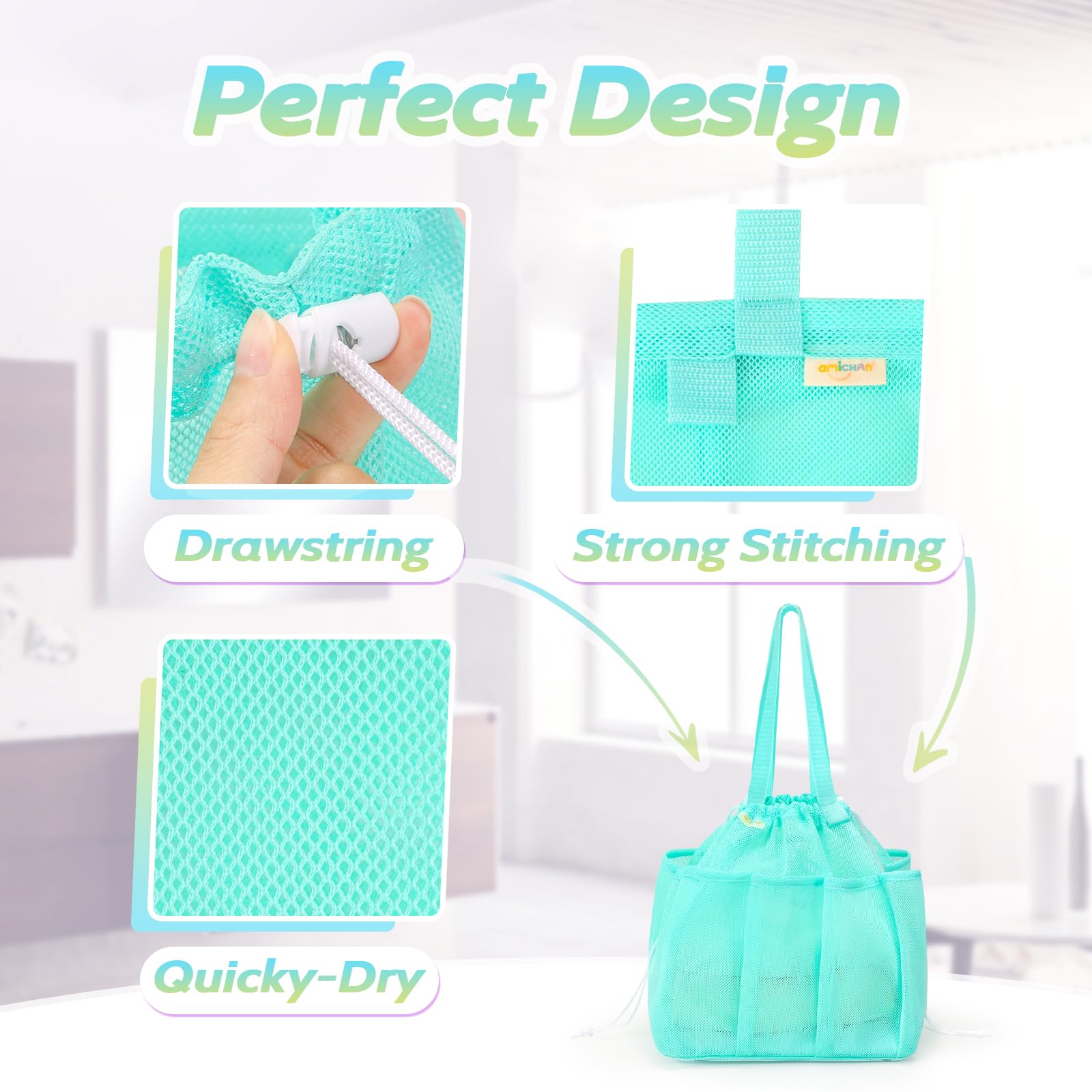 Famichan Mesh Shower Caddy Portable, Dorm Room Essentials For College Students Girls And Guys, Blue Large Capacity Shower Bag Fo