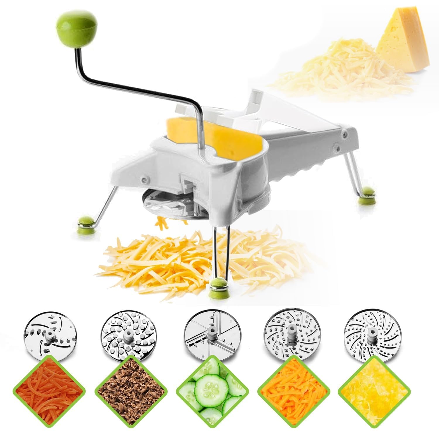 Ibili 5-in-1 Mouli Rotary Cheese Grater  Slicer  Made in Spain  Includes 5 Stainless Steel Interchangeable Variated Discs  (Discs Dishwasher Safe)