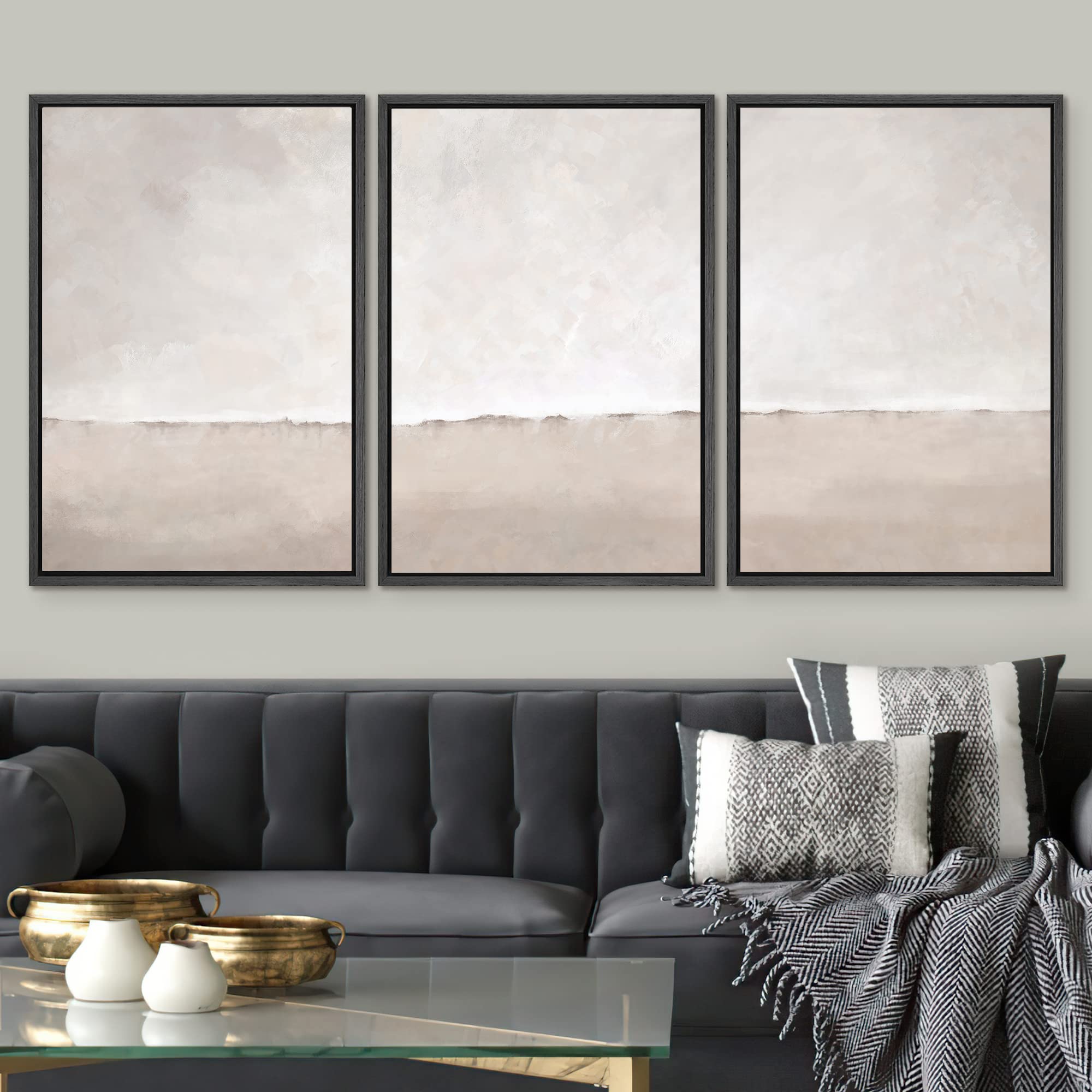 Signwin Framed Canvas Print Wall Art Set Pastel Watercolor Gray Brown Paint Stroke Landscape Abstract Shape Illustrations Decora
