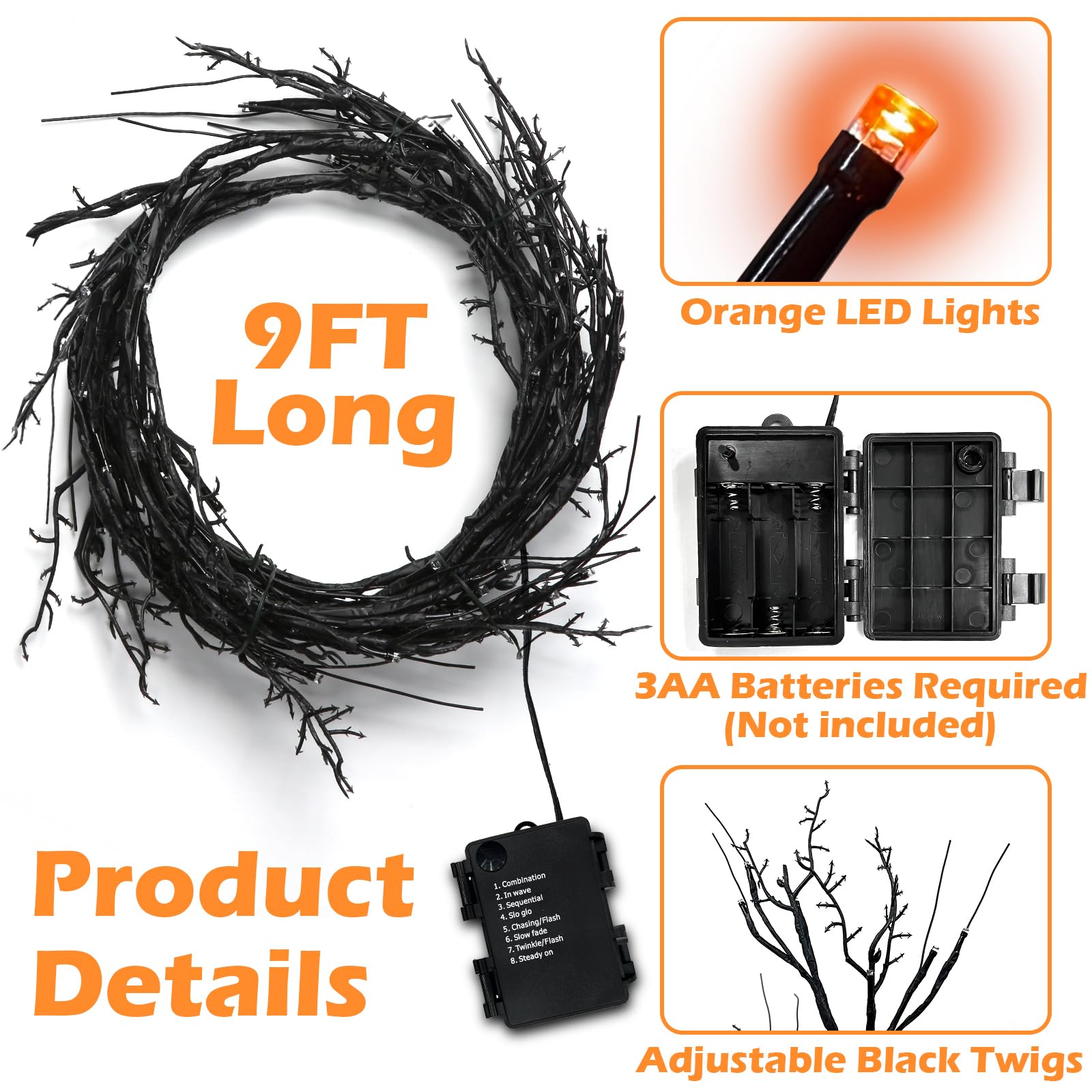 SURCVIO 9 Ft 54 LED Halloween Willow Vine Twig Decor Garland with 8 Modes Timer Waterproof Battery Operated Scary Halloween Deco