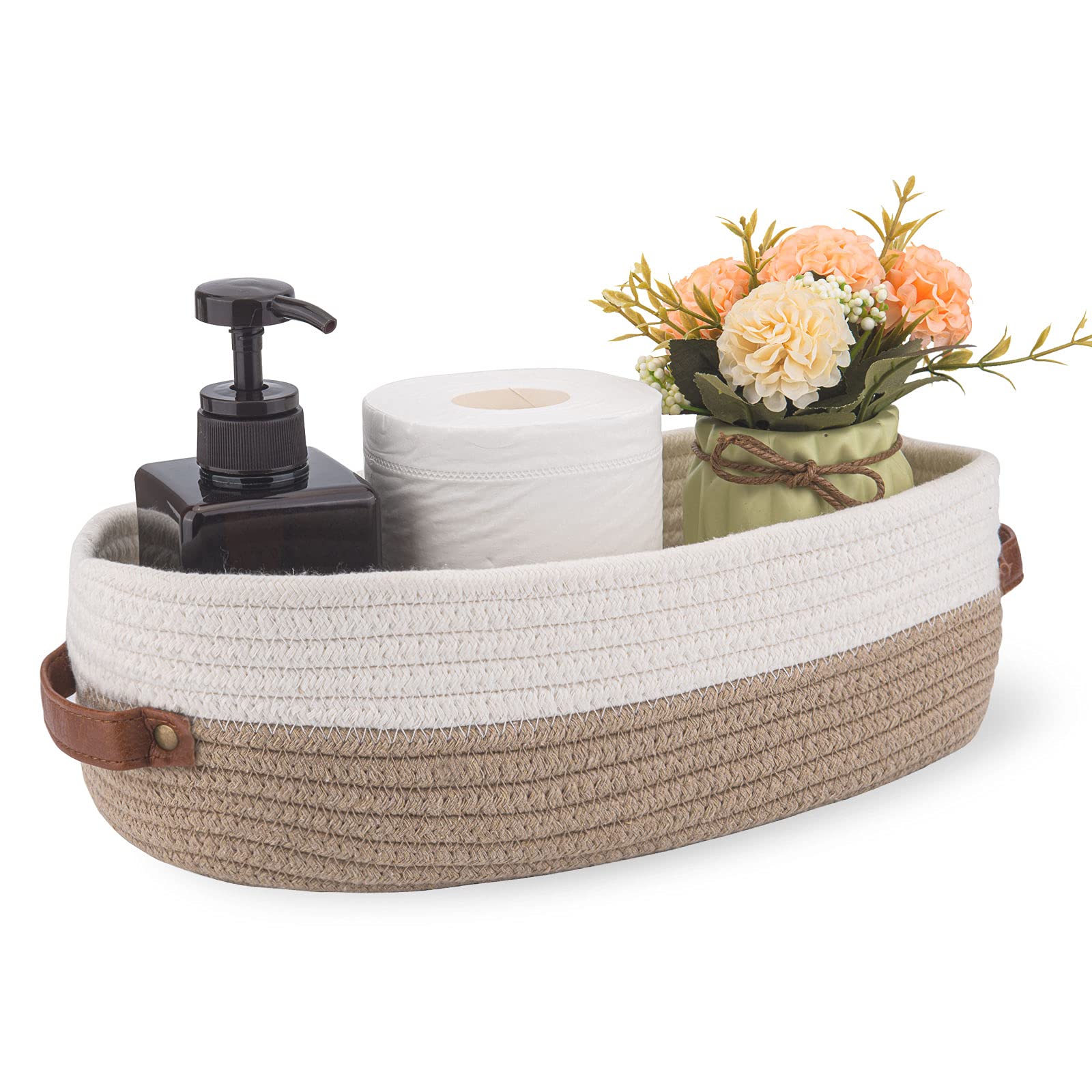 Oradrem Cotton Rope Bathroom Decor Basket Toilet Paper Holder Basket Farmhouse Home Decor Organizing Baskets 13 ''x5.9 ''x4 '' Brown Stitching White