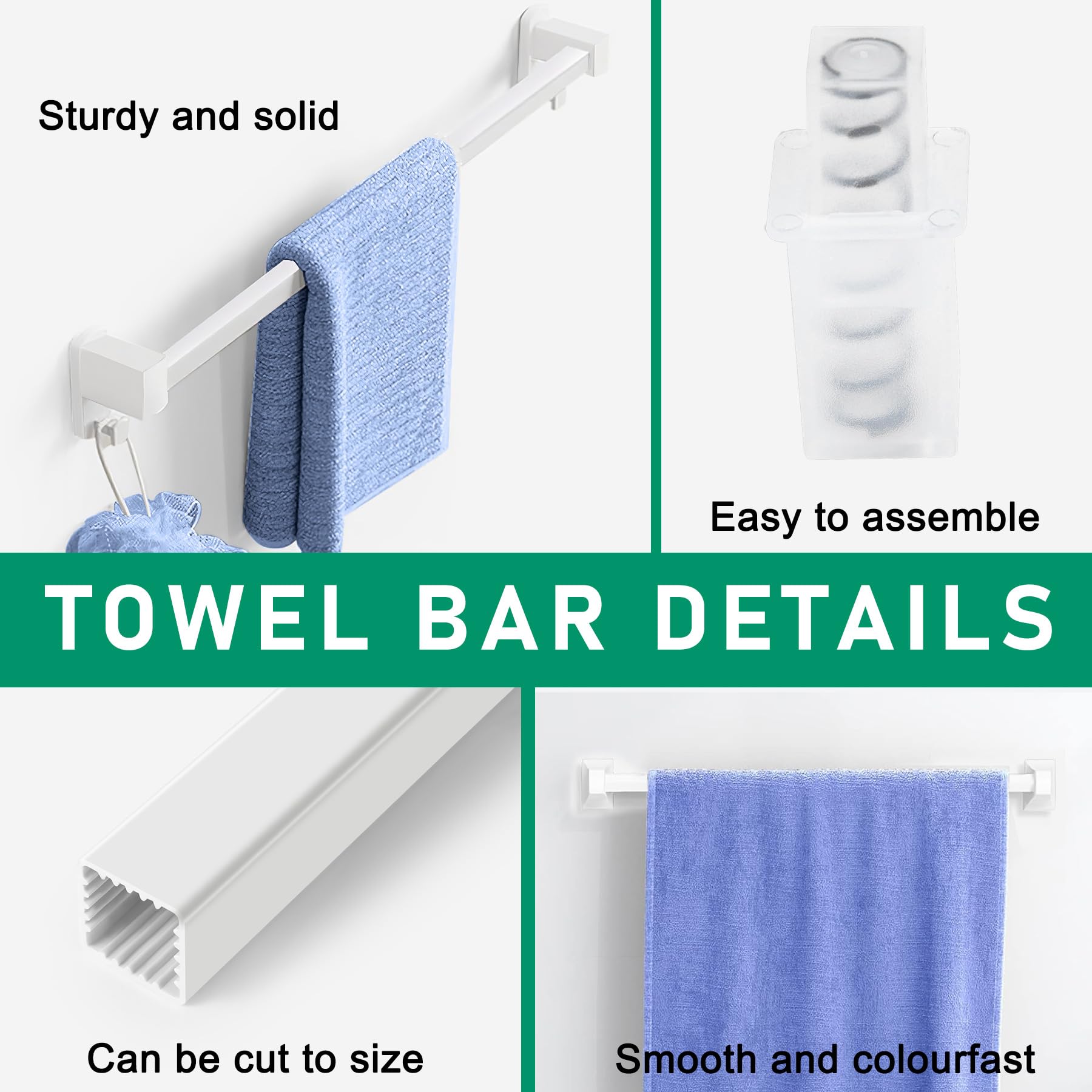 24-Inch Spring End Wall-Mounted Towel Bar, Adjustable Sturdy Plastic Towel Holder For Bathroom Kitchen Towel Storage White 2 Pac