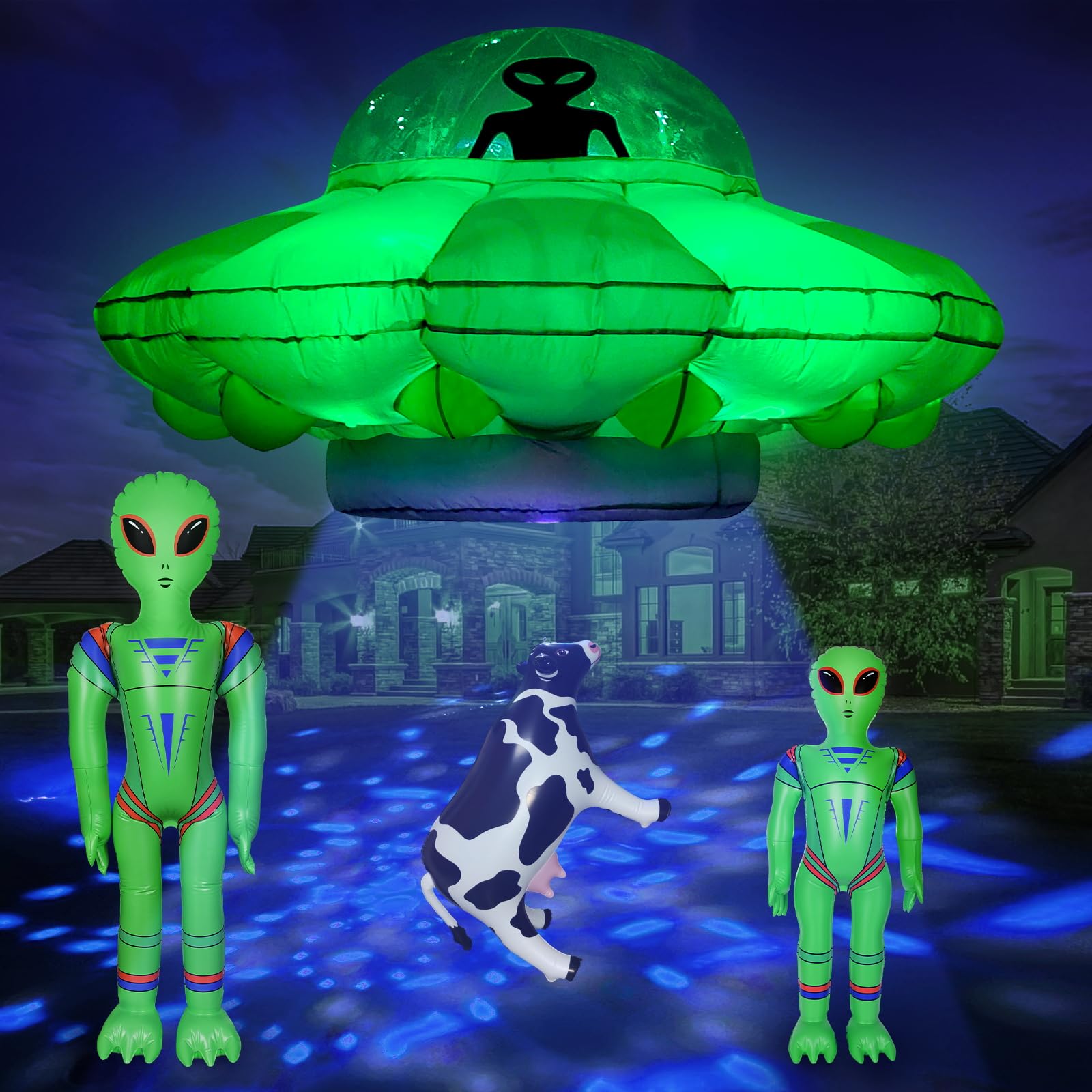 Alien Party Decorations 4.2FT Hanging Alien UFO Cow Abduction Inflatable with Cow&2pcs Jumbo Alien Halloween Inflatable UFO Buil
