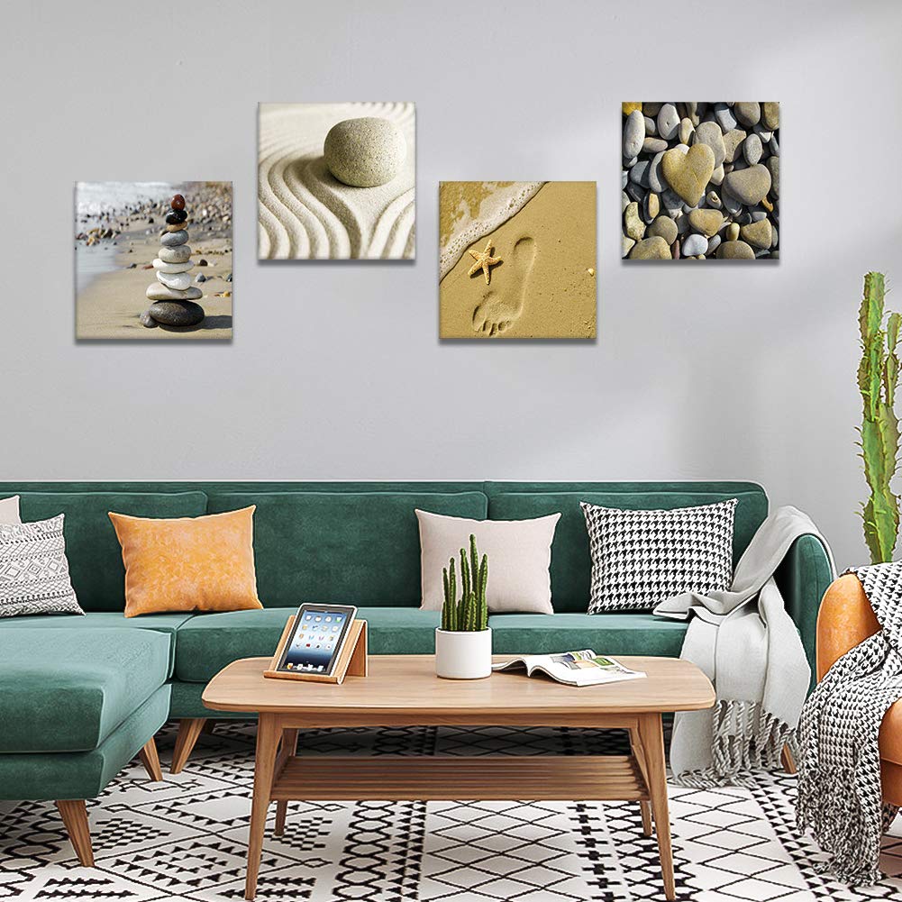 Artscope 4 Pieces Canvas Prints Wall Art - Seaside And Stones Picture Painting- Modern Wall Artwork Framed For Bathroom Home Off