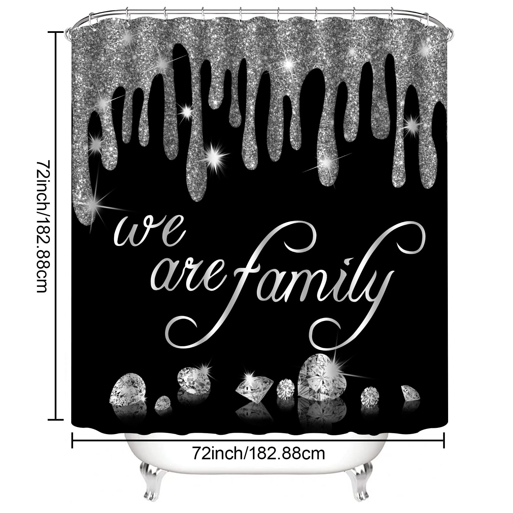 4Pcs Family Glitter Diamond Shower Curtain Sets, Black Famliy Shower Curtain With Toilet Lid Cover And Rugs, Luxury Bling Shiny