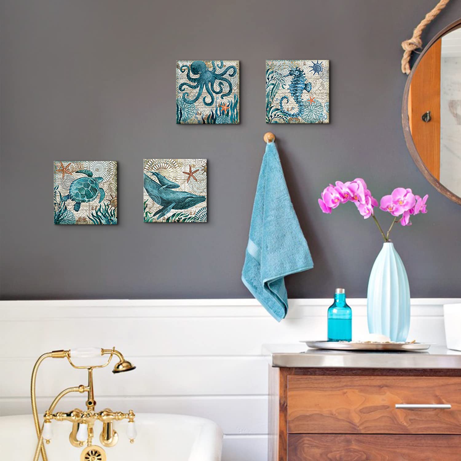 Coastal Beach Wall Art For Living Room Sea Turtle Pictures Bathroom Wall Decor Teal Blue Nautical Themed Seahorse Canvas Paintin