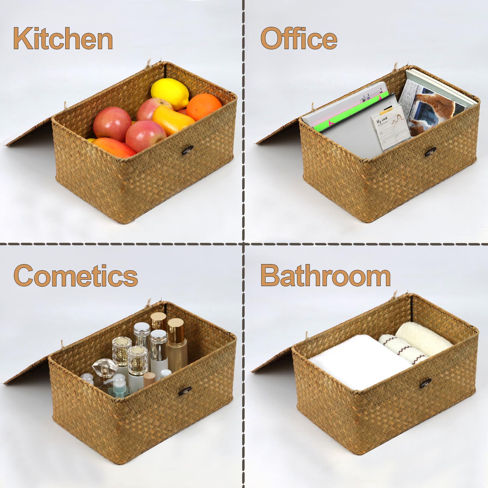 Wicker Storage Basket With Lid, Natural Seagrass Woven Shelf Basket For Storage, Rectangular Decorative Storage Bins Boxes Home