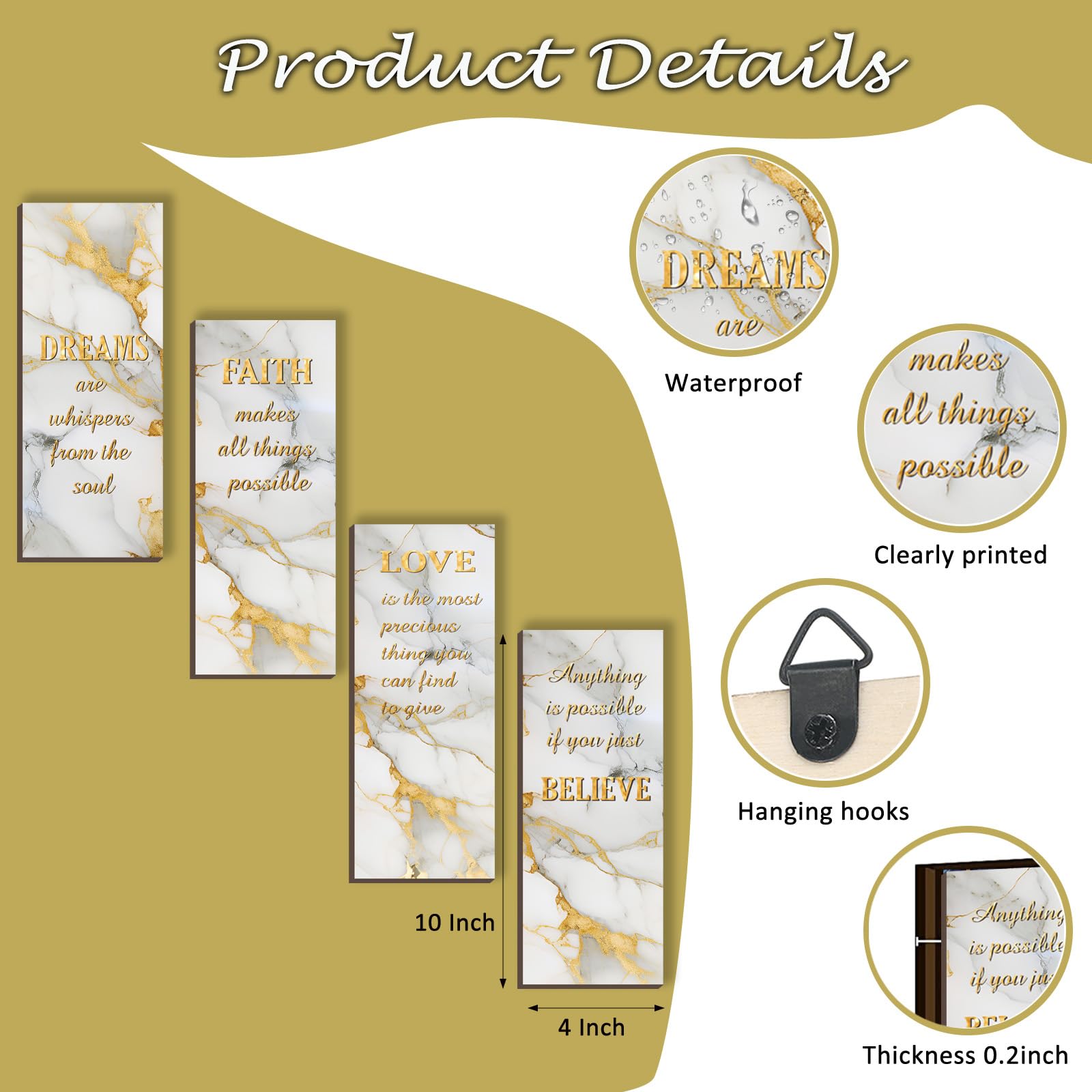 ONIZHITY 4 Pcs White and Gold Bathroom Decor Gold Wall Decor with Dreams Faith Love Believe Wooden Rustic Marble Style Versatile