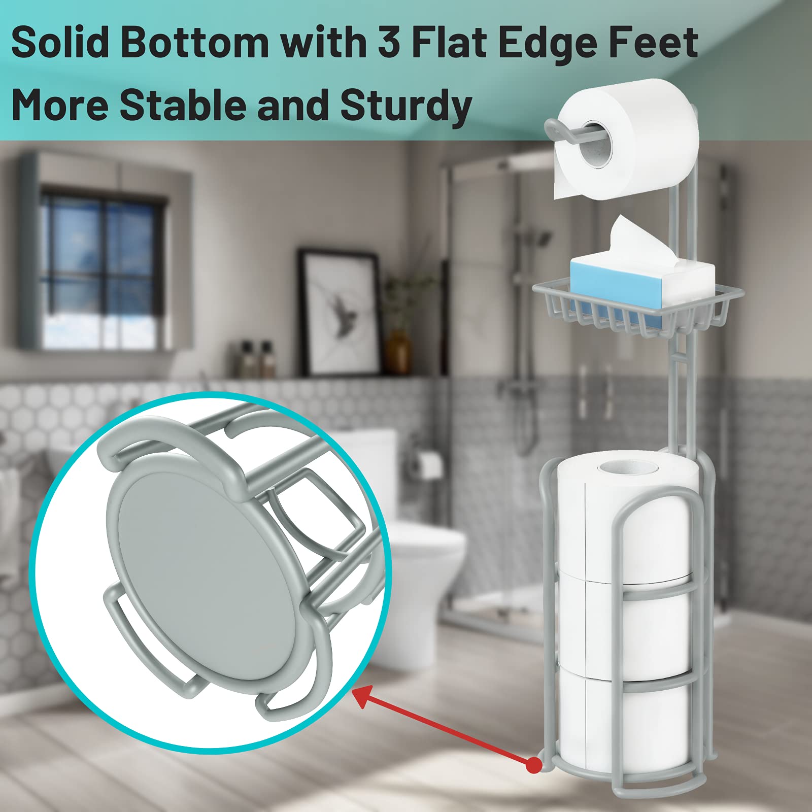 Upgrade Toilet Paper Holder Stand, Silver Gray Freestanding Toilet Paper Roll Holders With Shelf, Bathroom Tissue Storage Rack